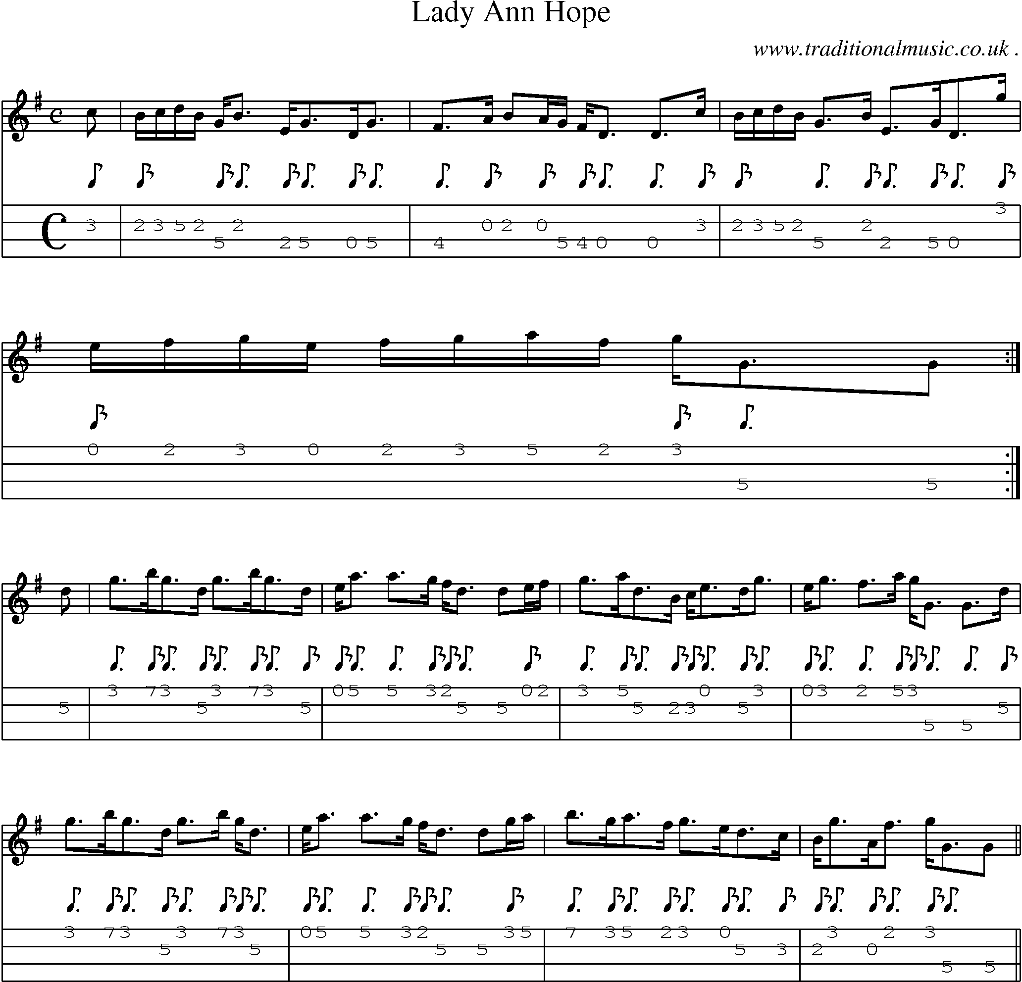 Sheet-music  score, Chords and Mandolin Tabs for Lady Ann Hope