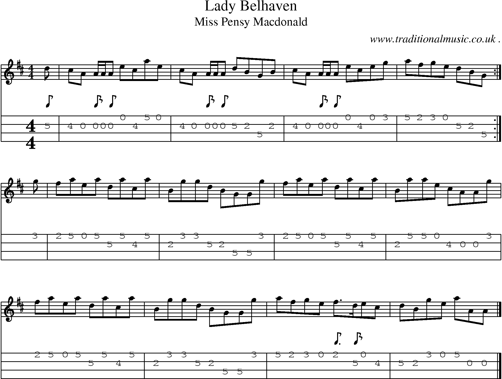Sheet-music  score, Chords and Mandolin Tabs for Lady Belhaven