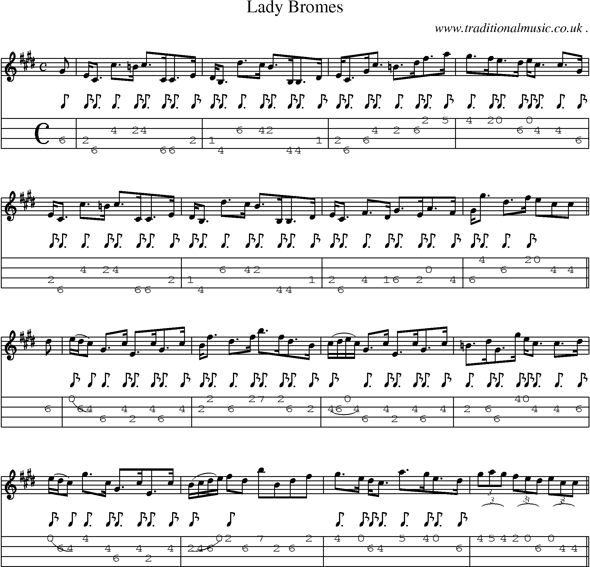 Sheet-music  score, Chords and Mandolin Tabs for Lady Bromes