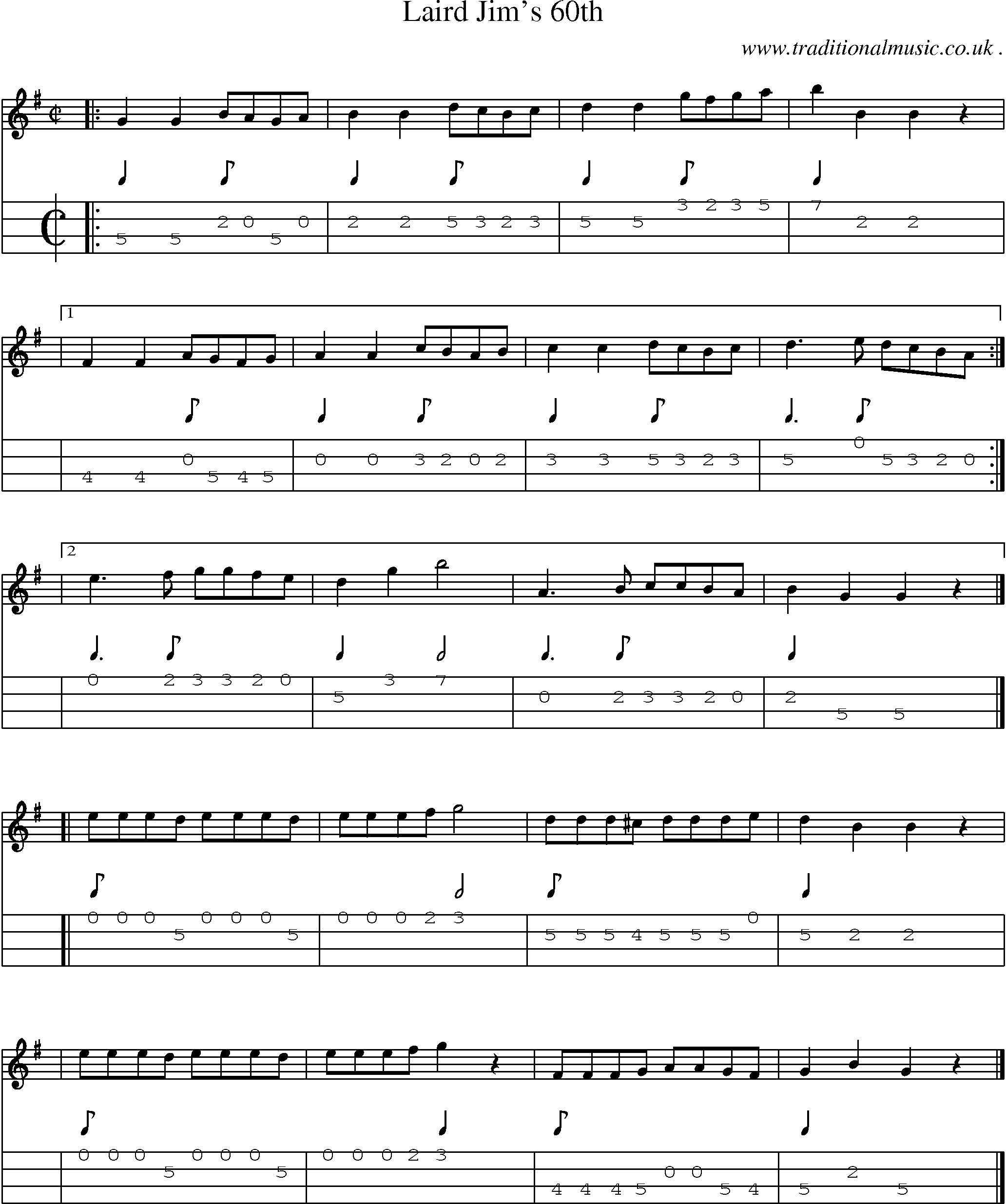 Sheet-music  score, Chords and Mandolin Tabs for Laird Jims 60th