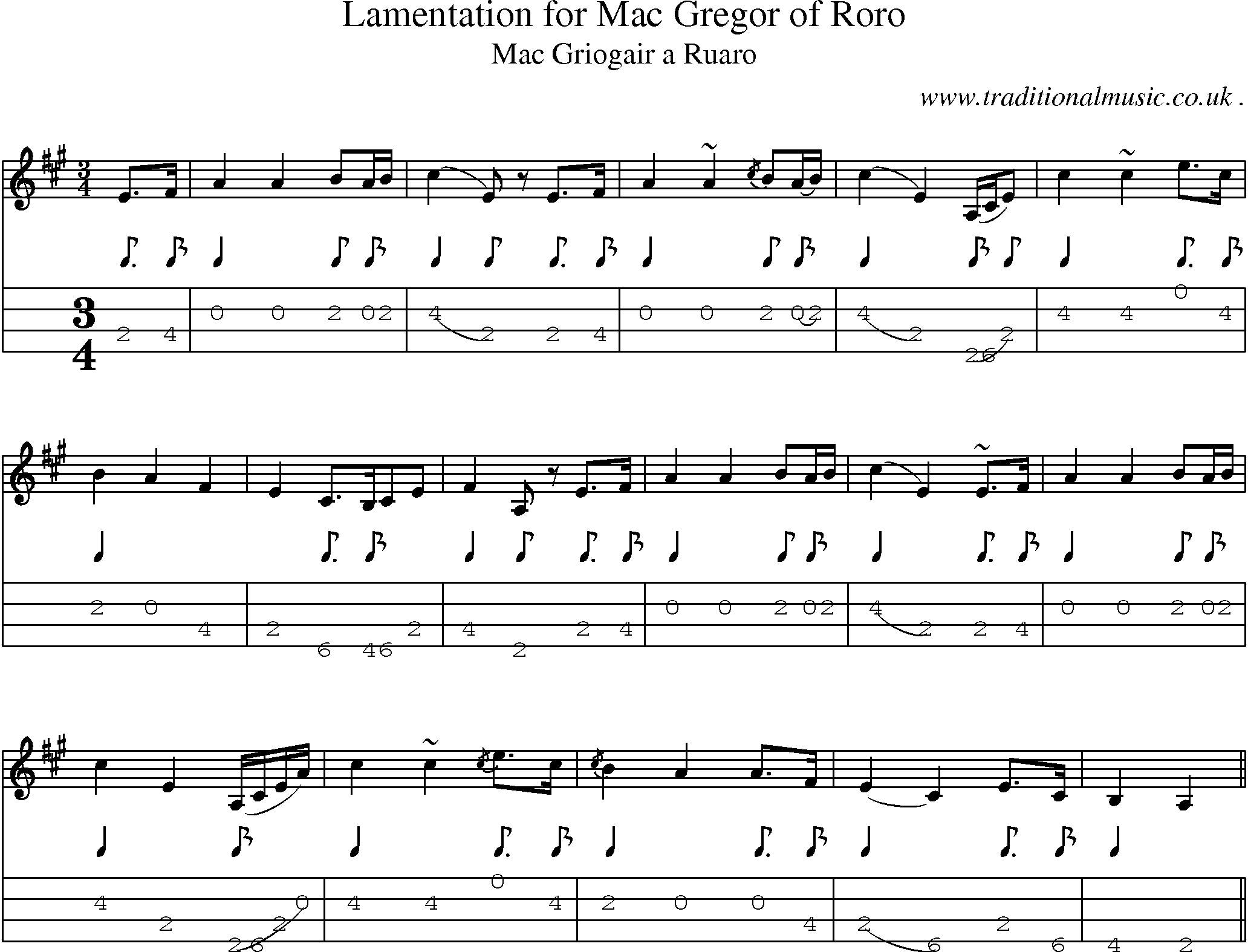 Sheet-music  score, Chords and Mandolin Tabs for Lamentation For Mac Gregor Of Roro