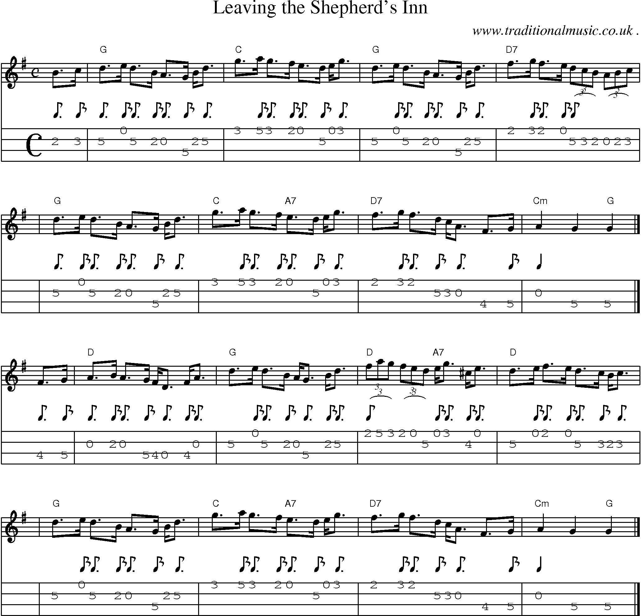 Sheet-music  score, Chords and Mandolin Tabs for Leaving The Shepherds Inn