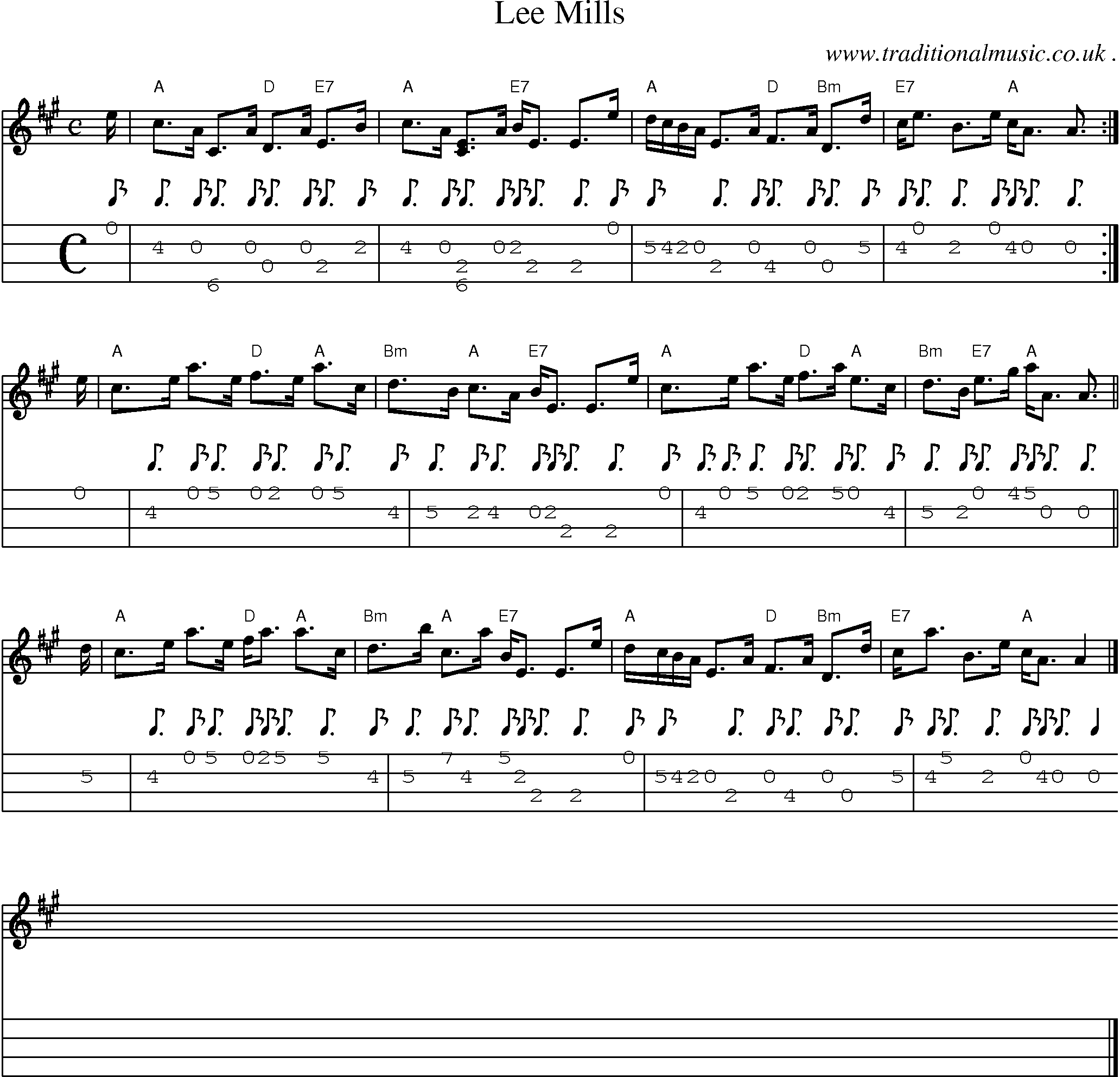 Sheet-music  score, Chords and Mandolin Tabs for Lee Mills
