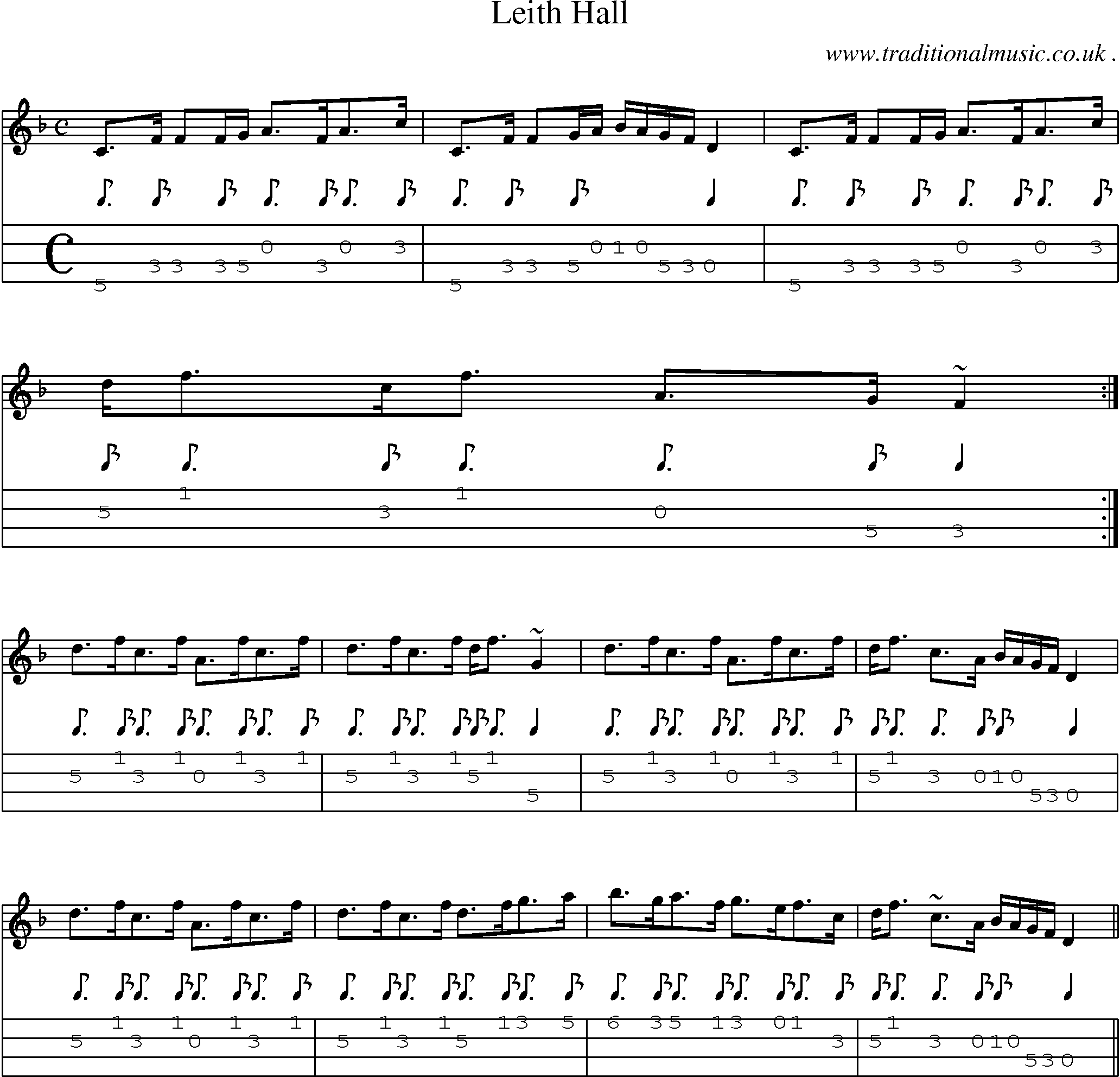Sheet-music  score, Chords and Mandolin Tabs for Leith Hall