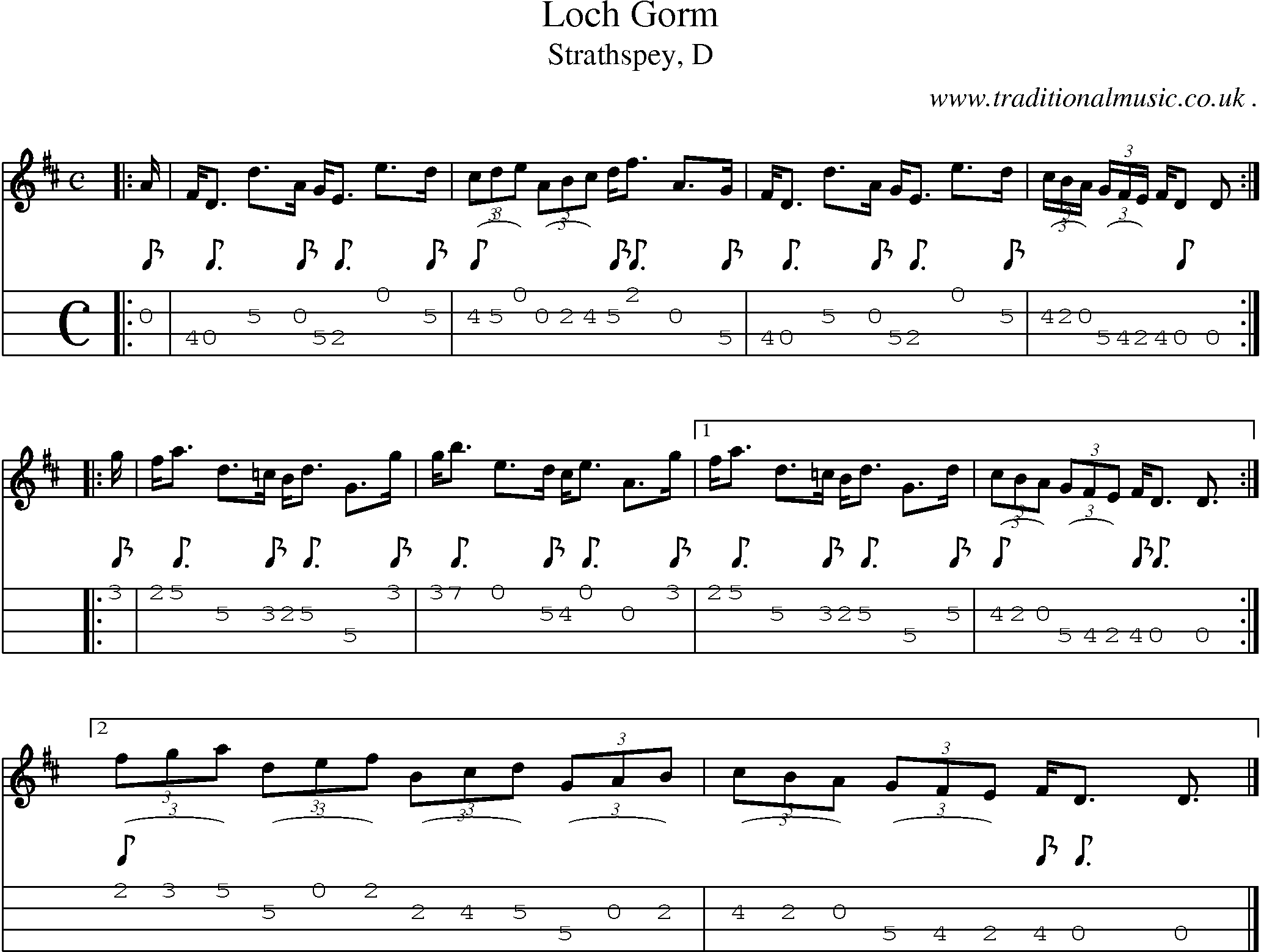Sheet-music  score, Chords and Mandolin Tabs for Loch Gorm