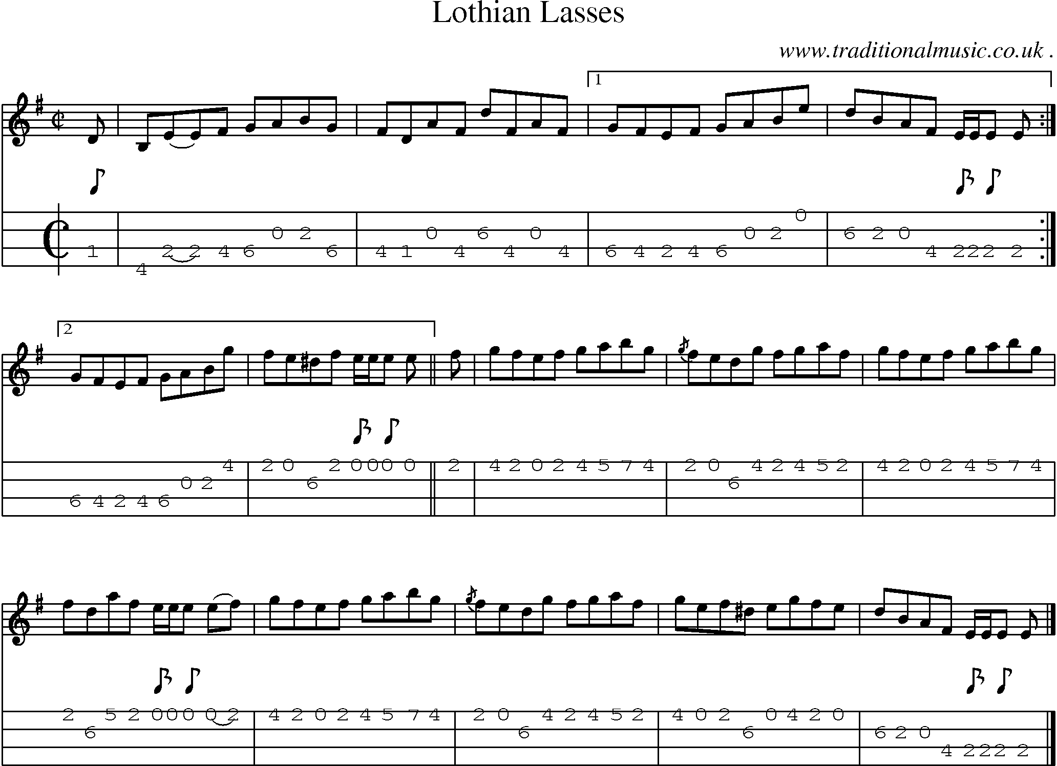 Sheet-music  score, Chords and Mandolin Tabs for Lothian Lasses