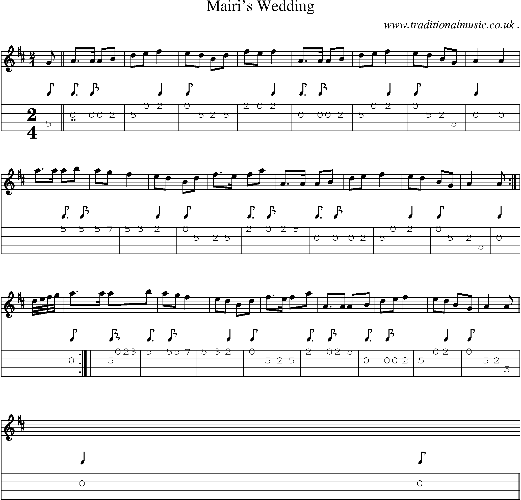 Sheet-music  score, Chords and Mandolin Tabs for Mairis Wedding