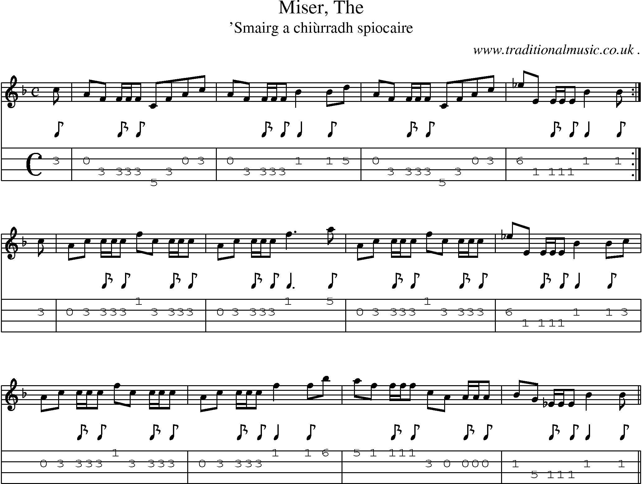 Sheet-music  score, Chords and Mandolin Tabs for Miser The