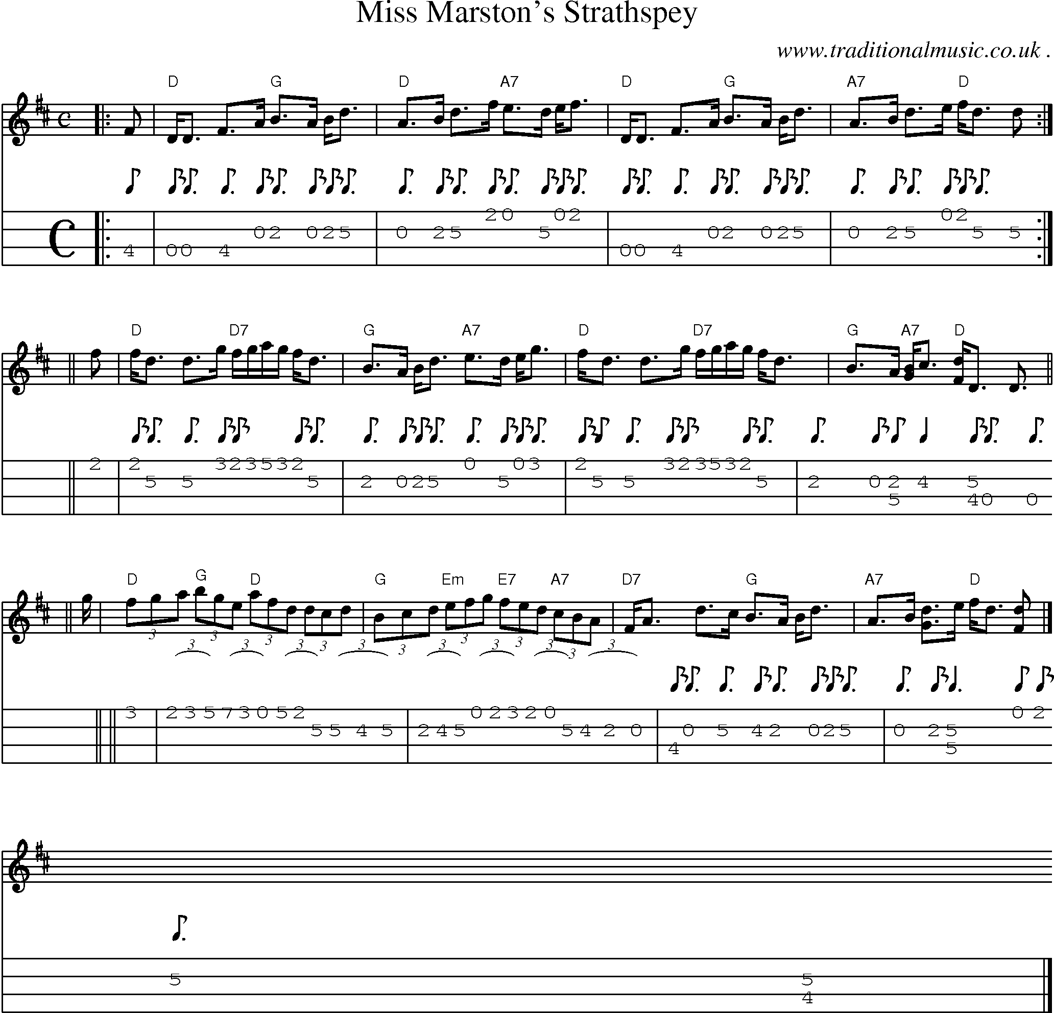 Sheet-music  score, Chords and Mandolin Tabs for Miss Marstons Strathspey