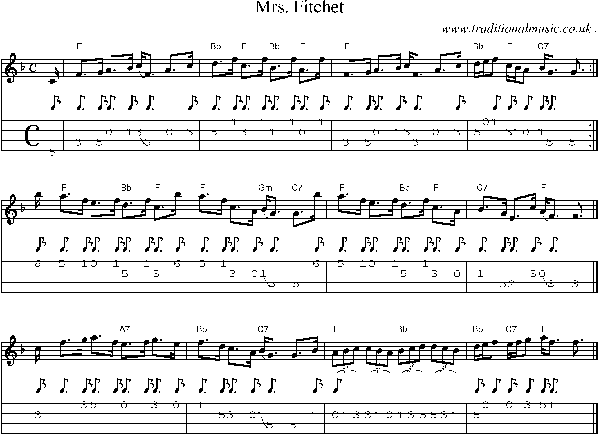 Sheet-music  score, Chords and Mandolin Tabs for Mrs Fitchet