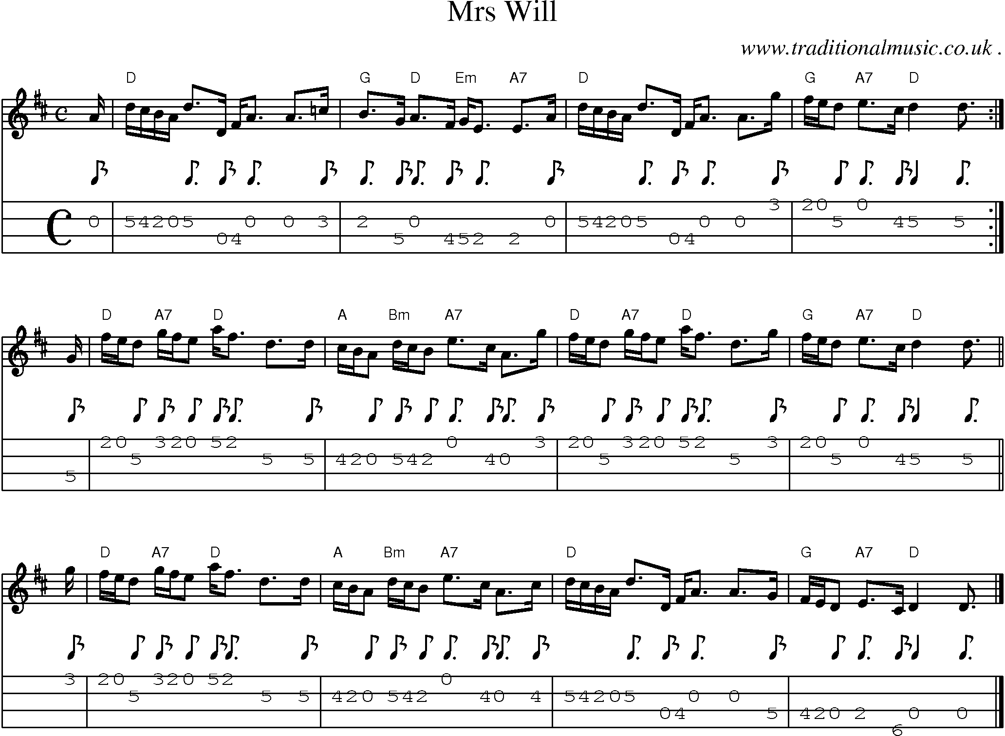 Sheet-music  score, Chords and Mandolin Tabs for Mrs Will