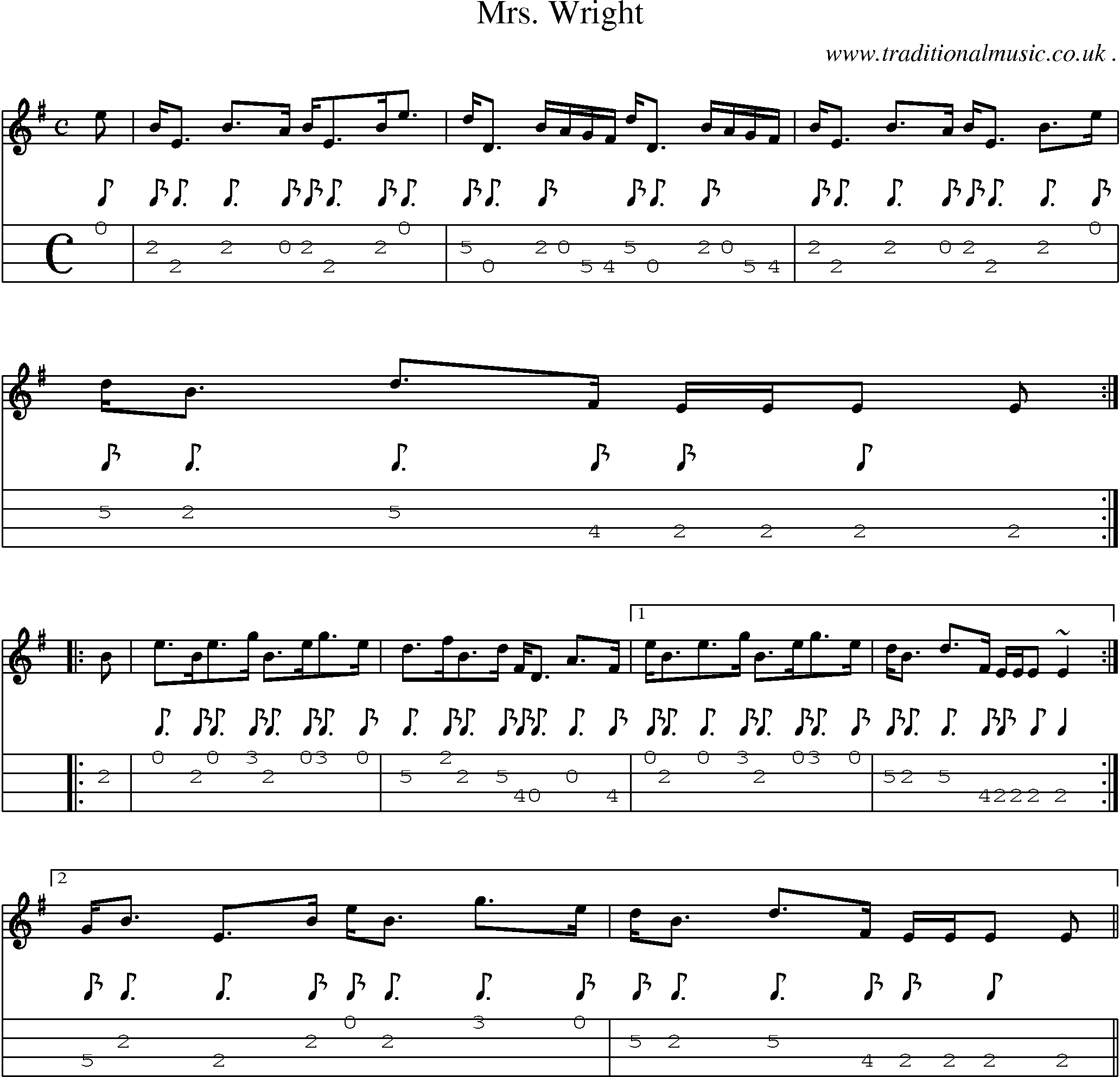 Sheet-music  score, Chords and Mandolin Tabs for Mrs Wright