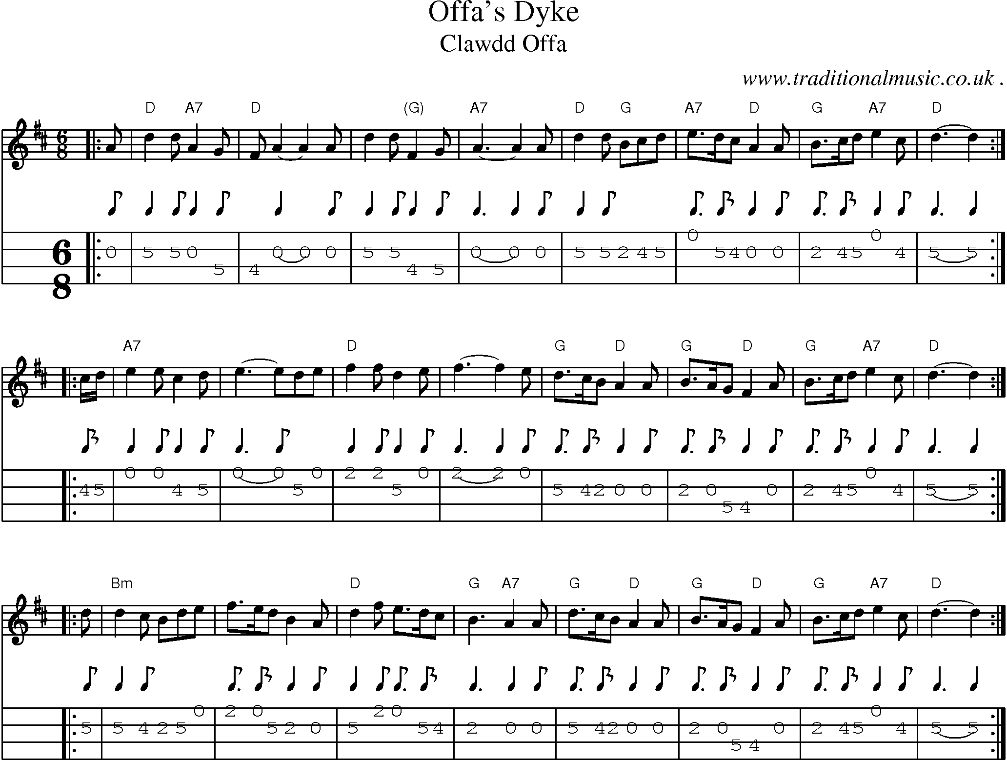 Sheet-music  score, Chords and Mandolin Tabs for Offas Dyke