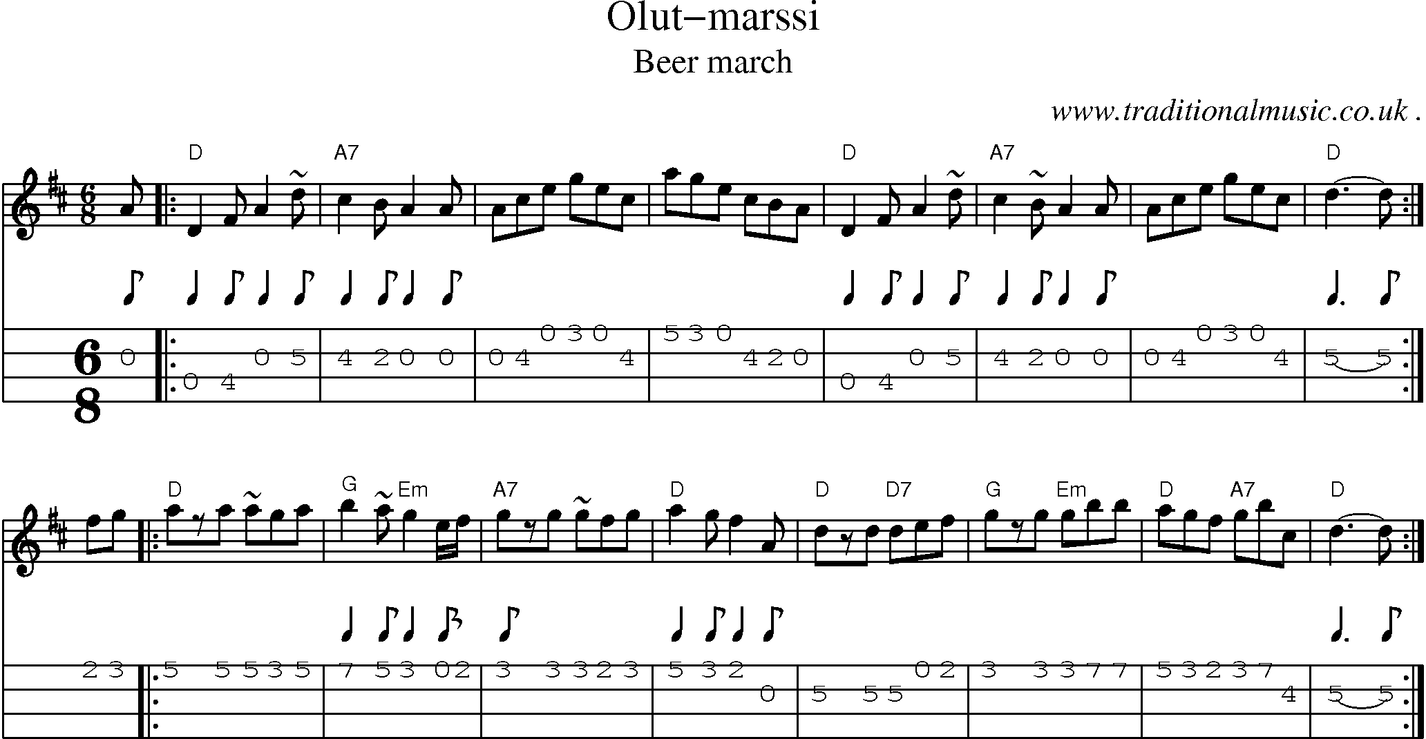 Sheet-music  score, Chords and Mandolin Tabs for Olut-marssi