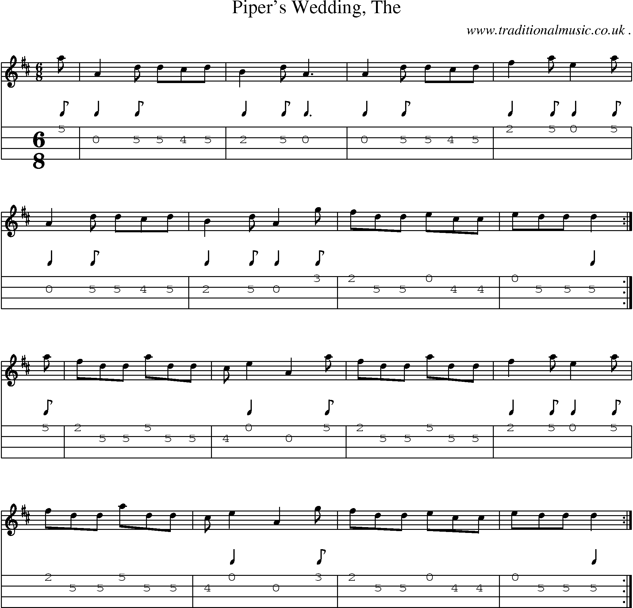 Sheet-music  score, Chords and Mandolin Tabs for Pipers Wedding The