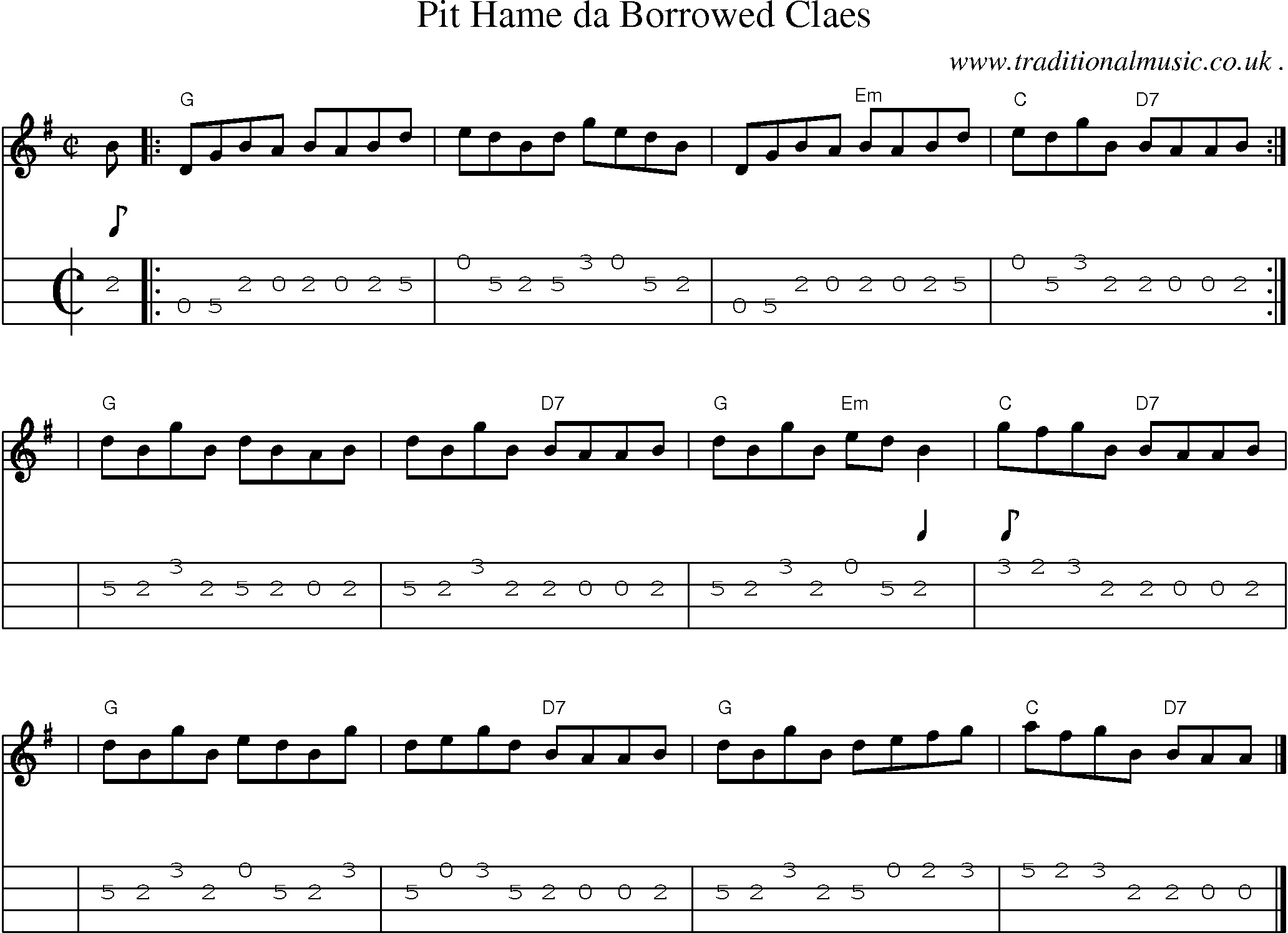 Sheet-music  score, Chords and Mandolin Tabs for Pit Hame Da Borrowed Claes