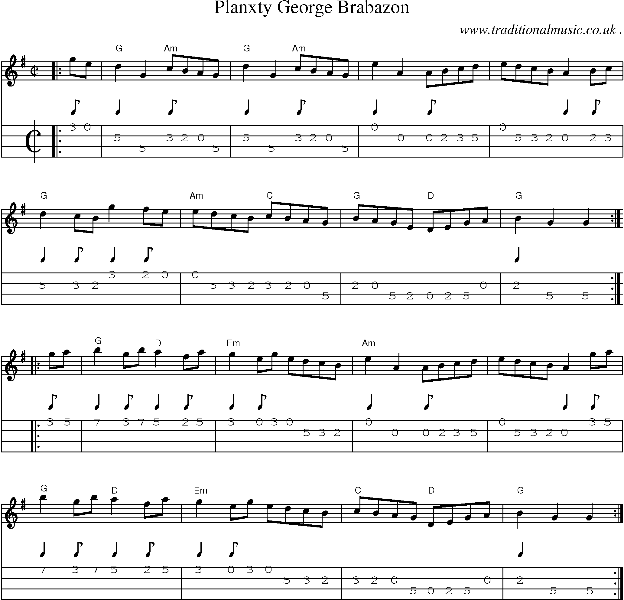 Sheet-music  score, Chords and Mandolin Tabs for Planxty George Brabazon