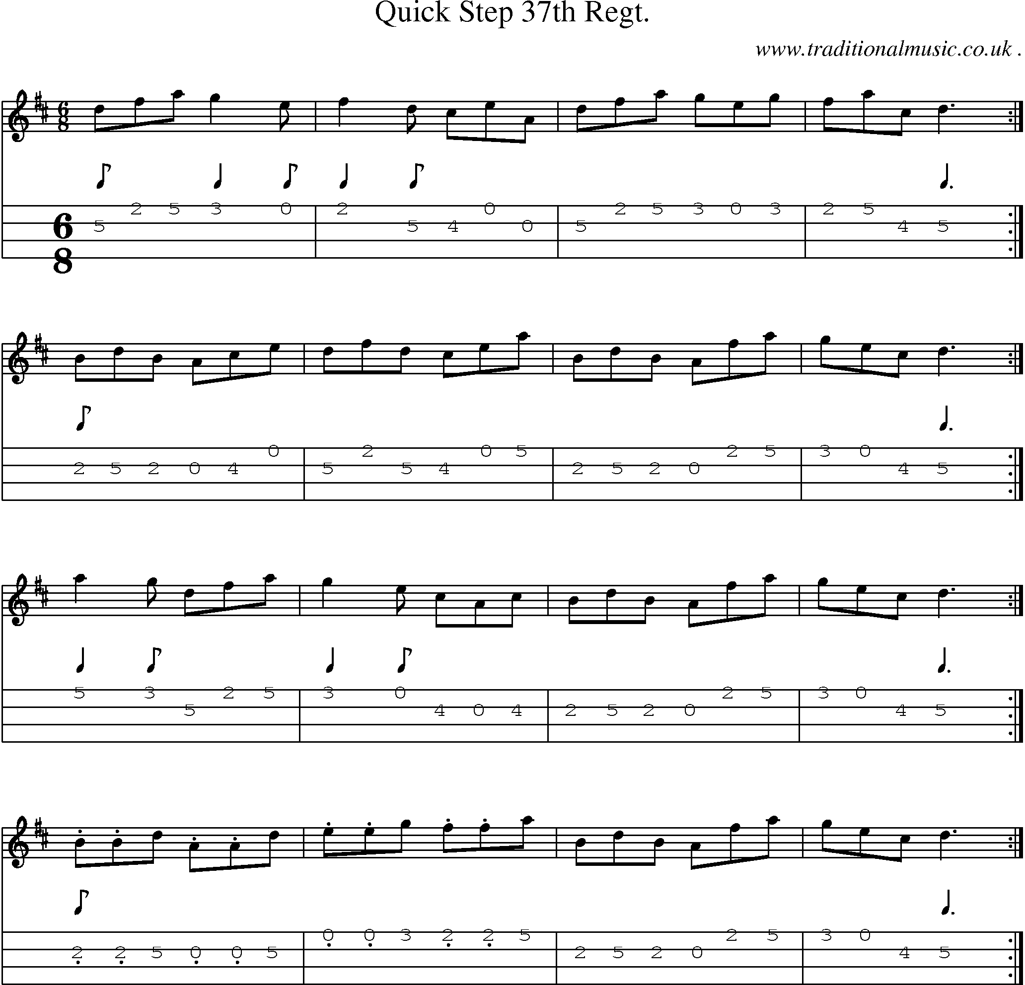 Sheet-music  score, Chords and Mandolin Tabs for Quick Step 37th Regt