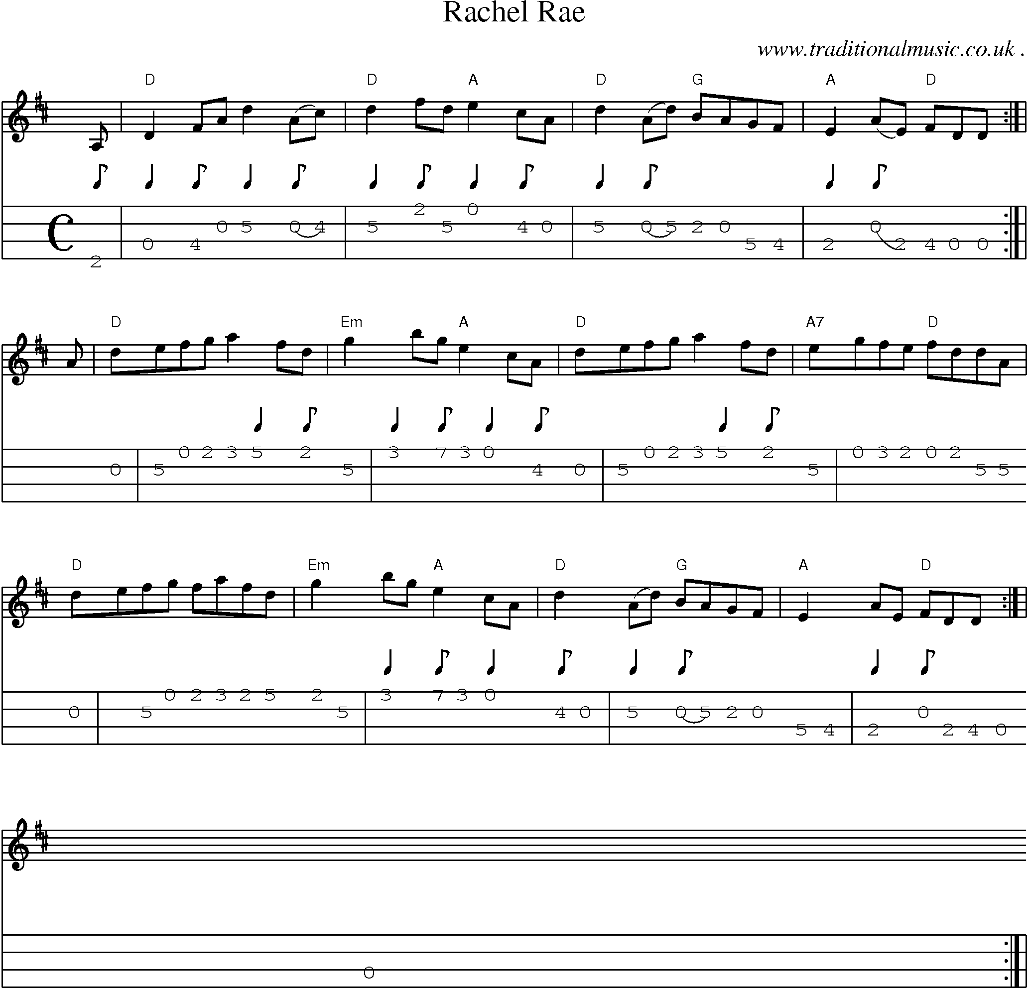 Sheet-music  score, Chords and Mandolin Tabs for Rachel Rae