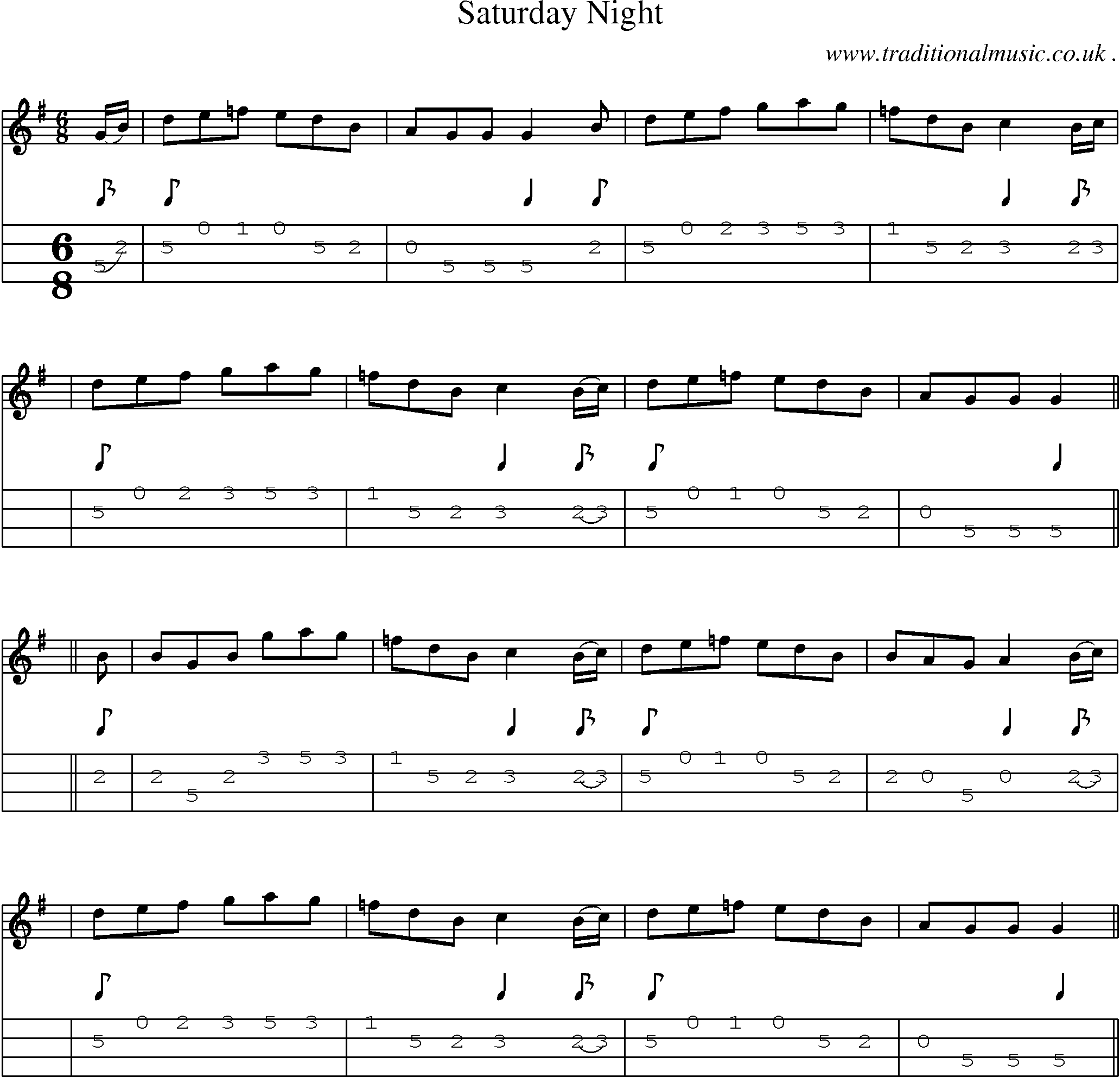 Sheet-music  score, Chords and Mandolin Tabs for Saturday Night