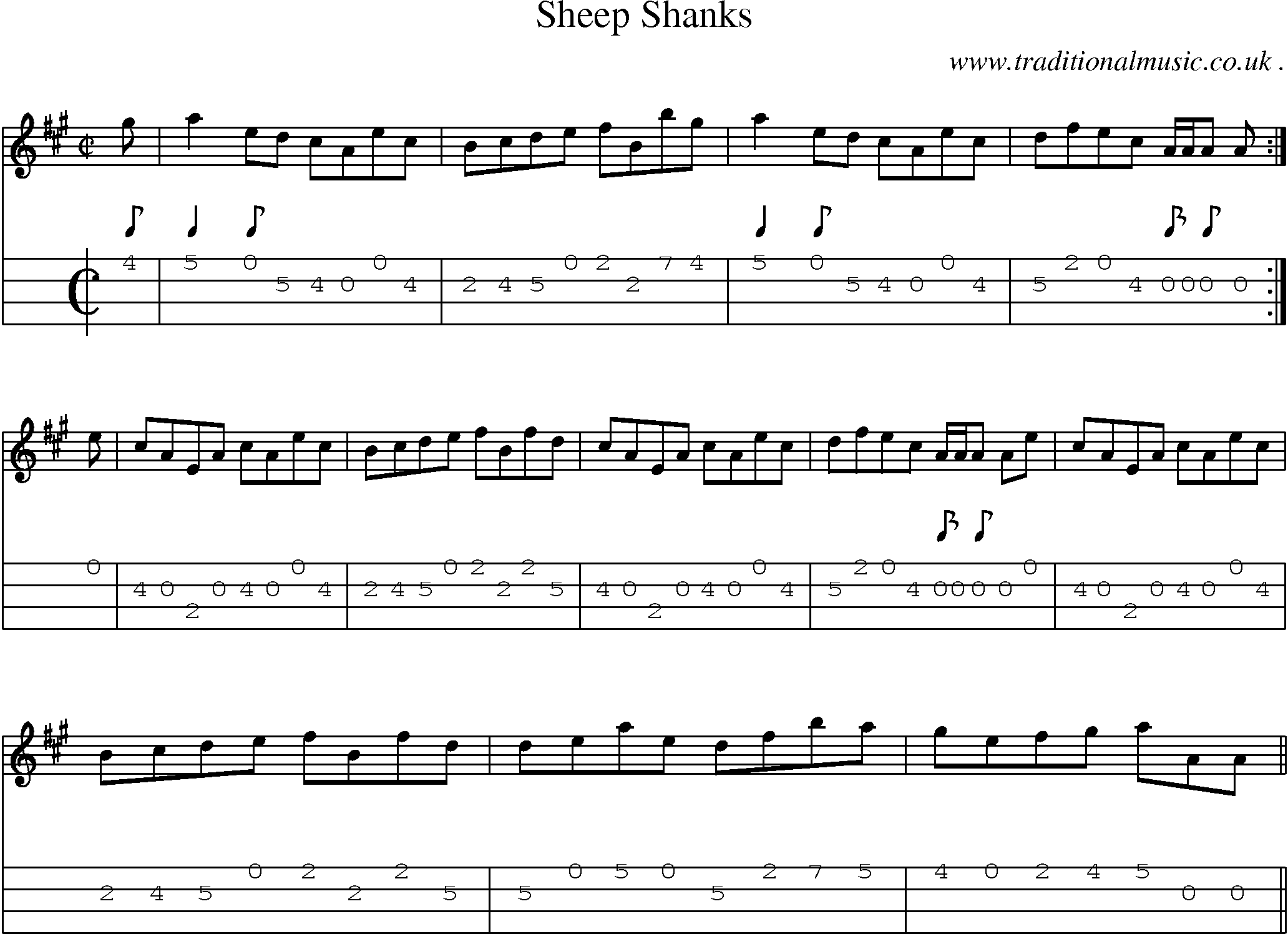 Sheet-music  score, Chords and Mandolin Tabs for Sheep Shanks