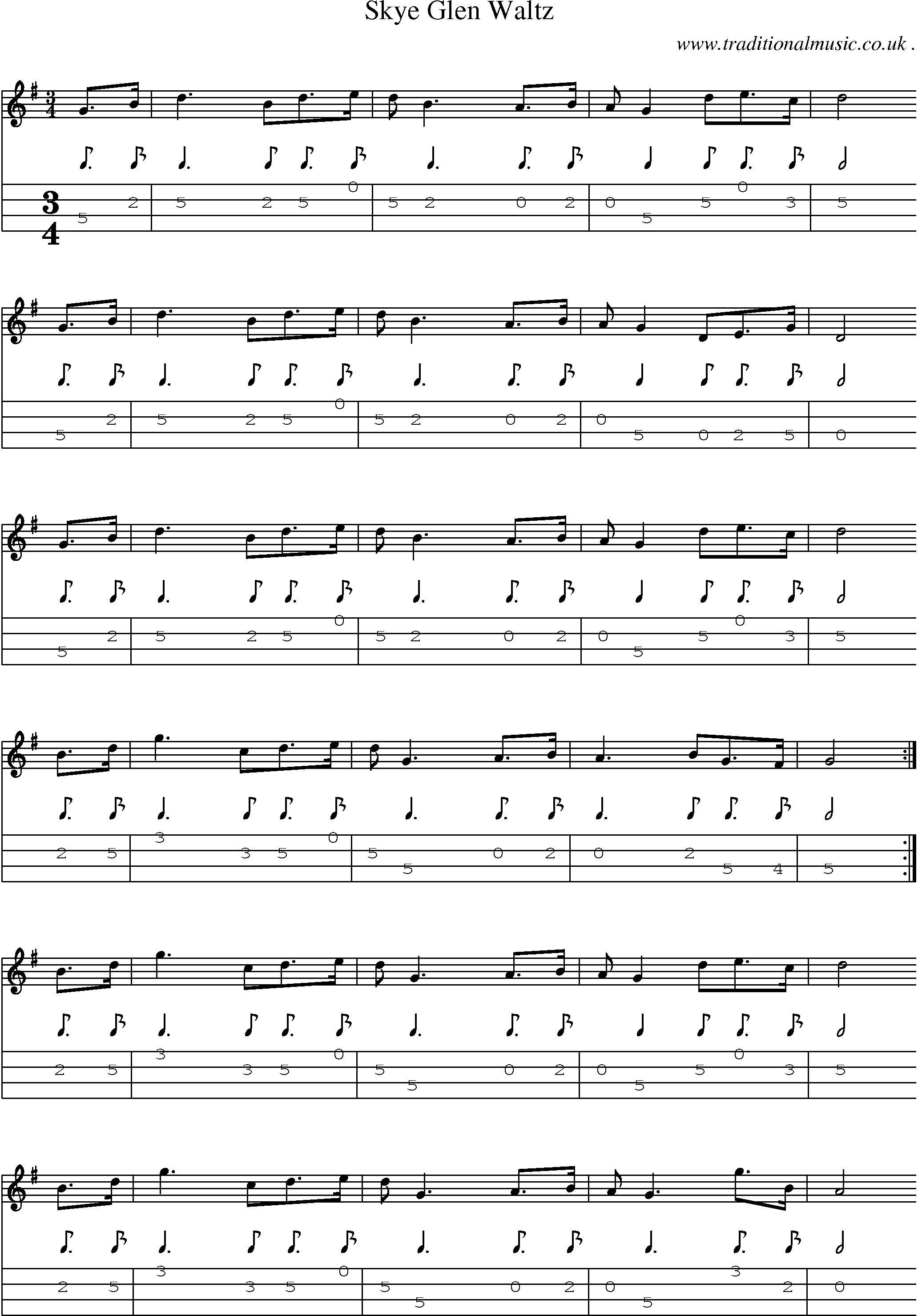 Sheet-music  score, Chords and Mandolin Tabs for Skye Glen Waltz