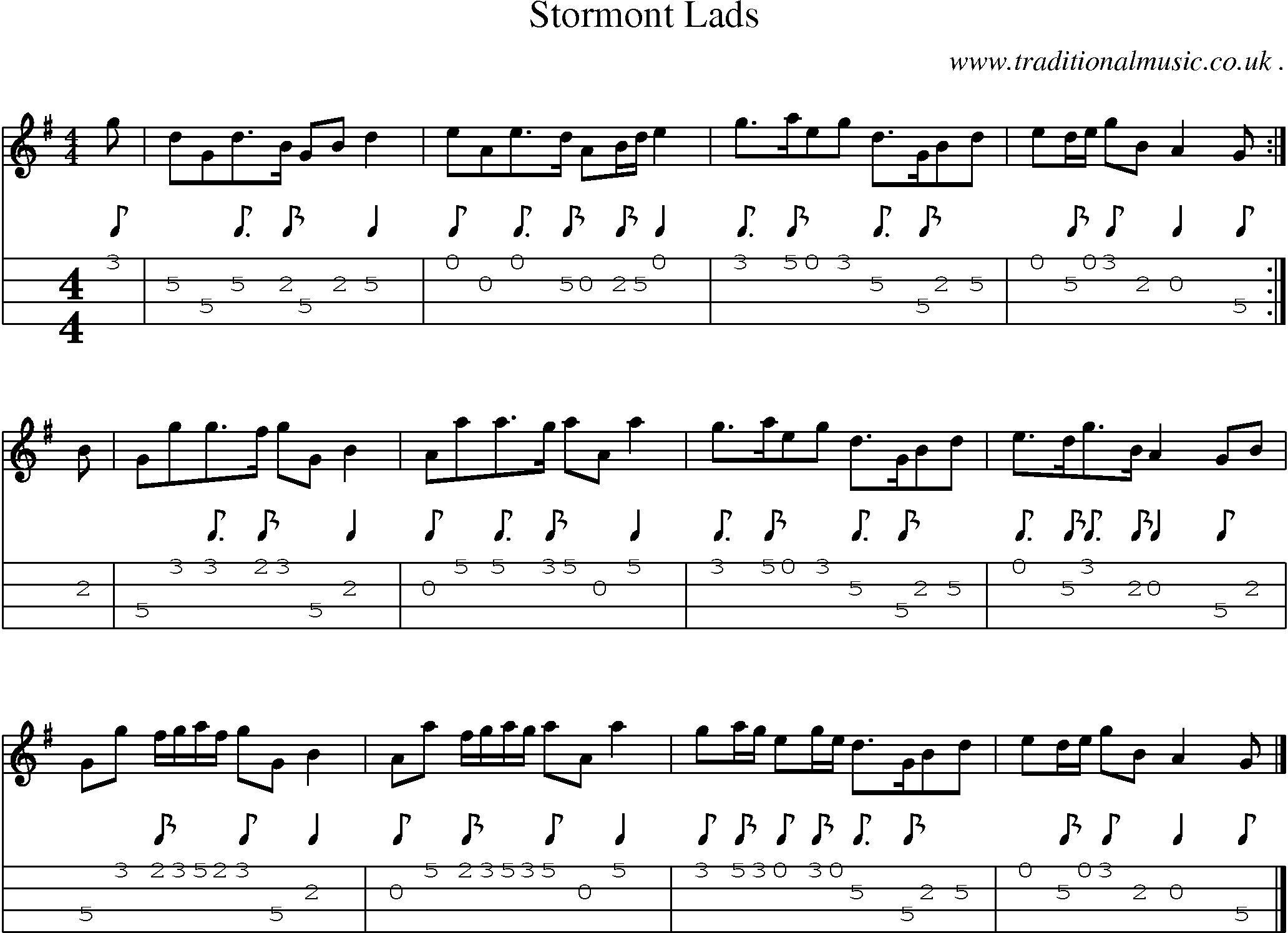 Sheet-music  score, Chords and Mandolin Tabs for Stormont Lads