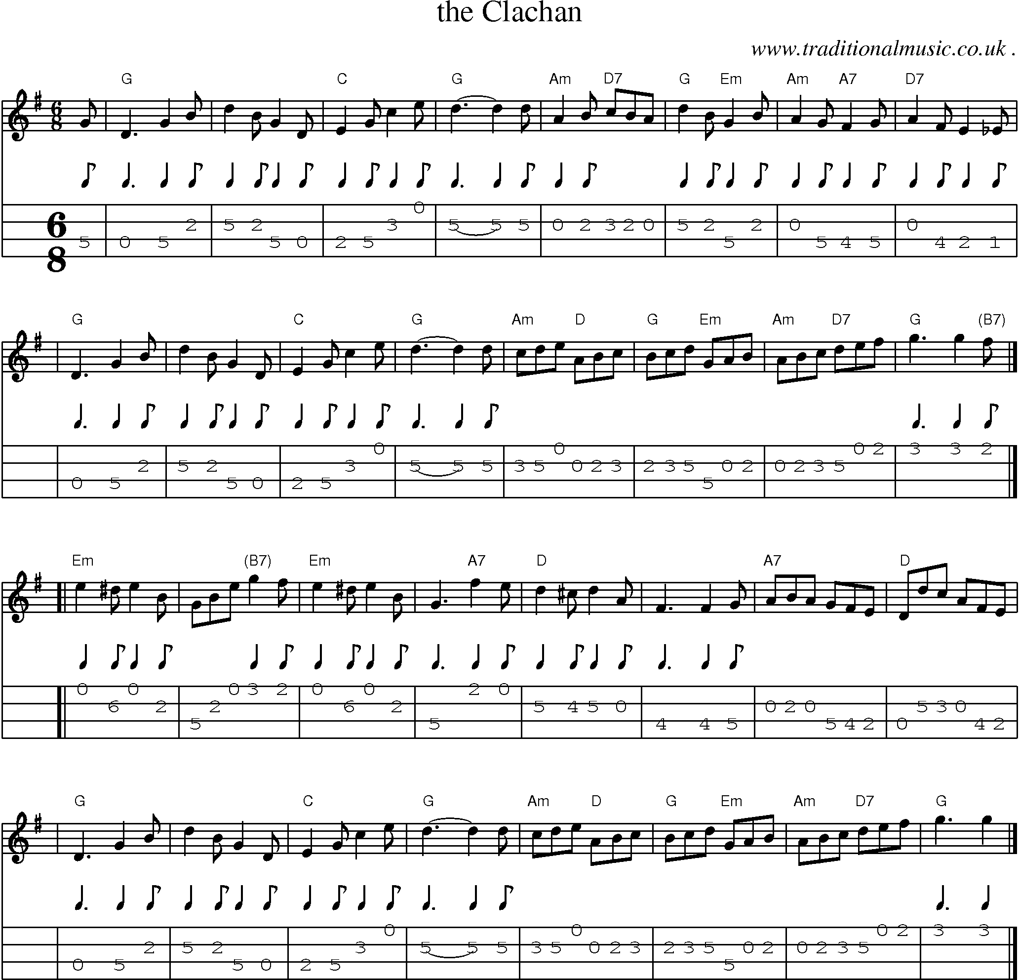 Sheet-music  score, Chords and Mandolin Tabs for The Clachan