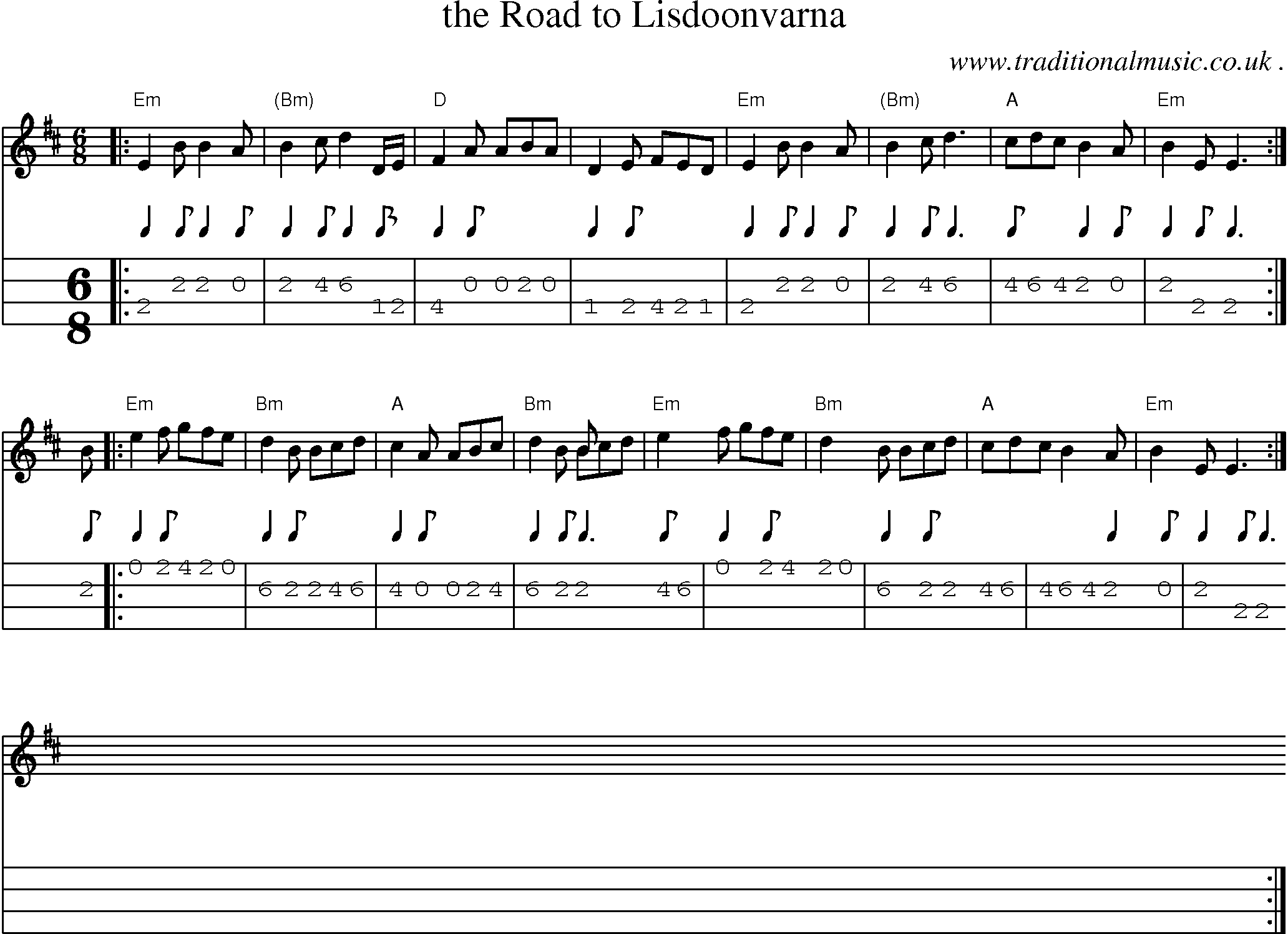 Sheet-music  score, Chords and Mandolin Tabs for The Road To Lisdoonvarna