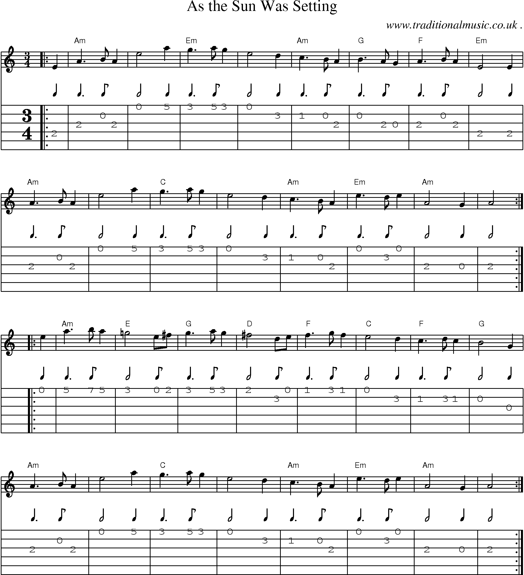 Music Score and Guitar Tabs for As The Sun Was Setting