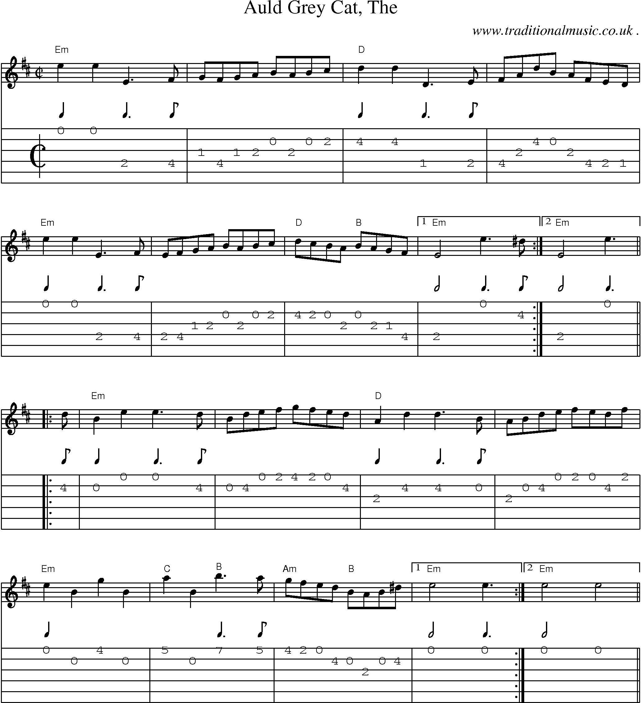 Music Score and Guitar Tabs for Auld Grey Cat The
