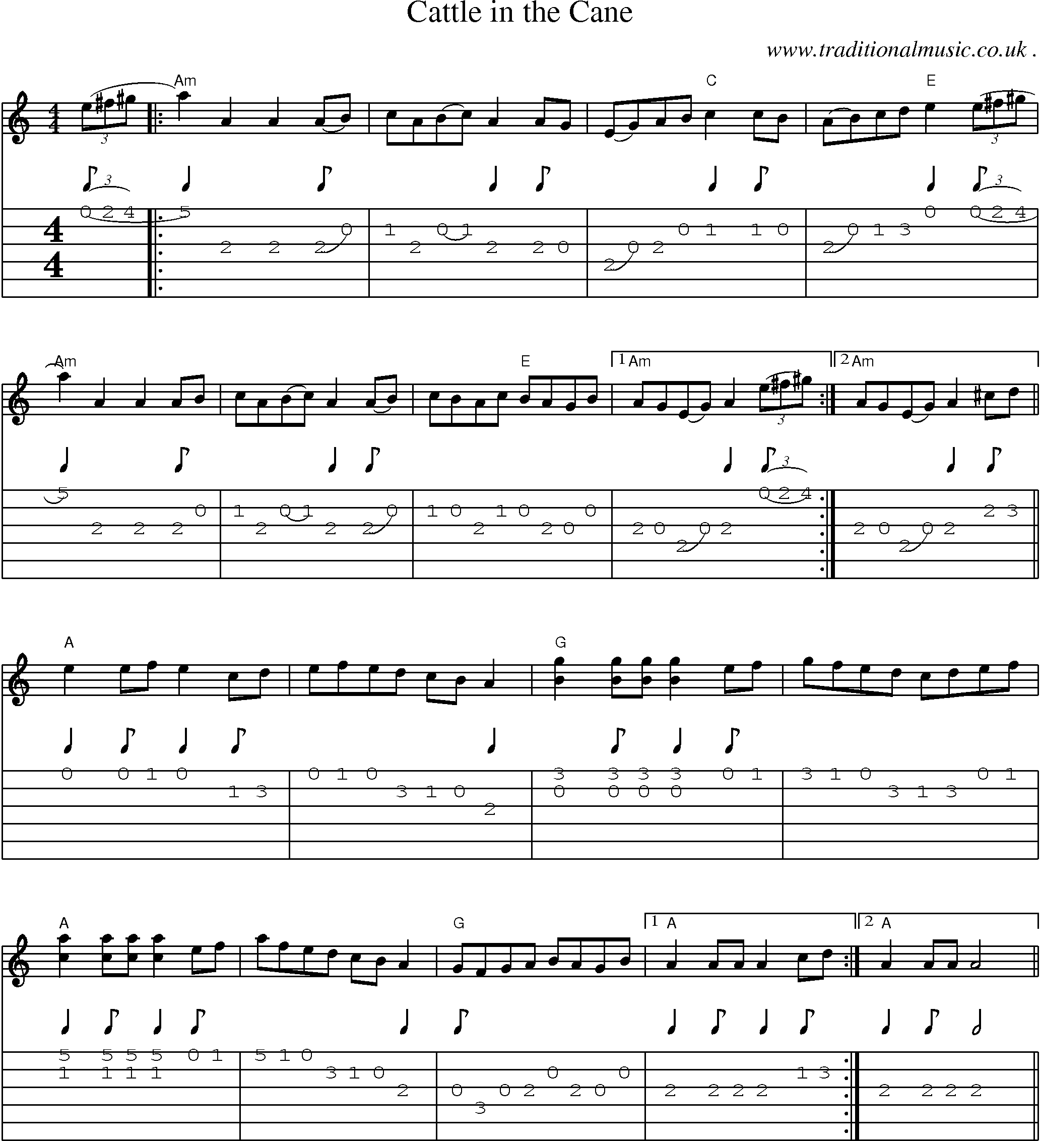 Music Score and Guitar Tabs for Cattle In The Cane