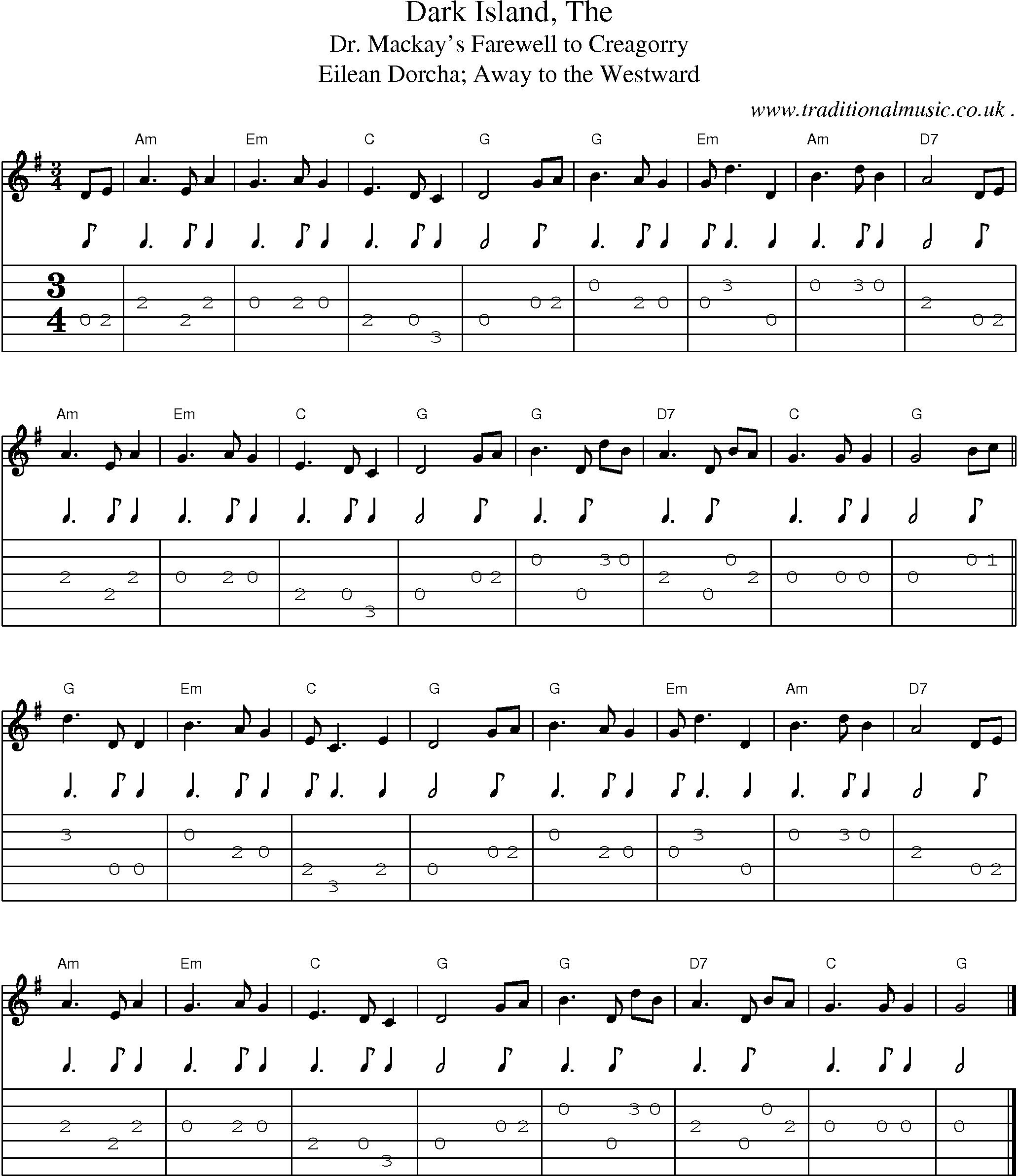 Music Score and Guitar Tabs for Dark Island The