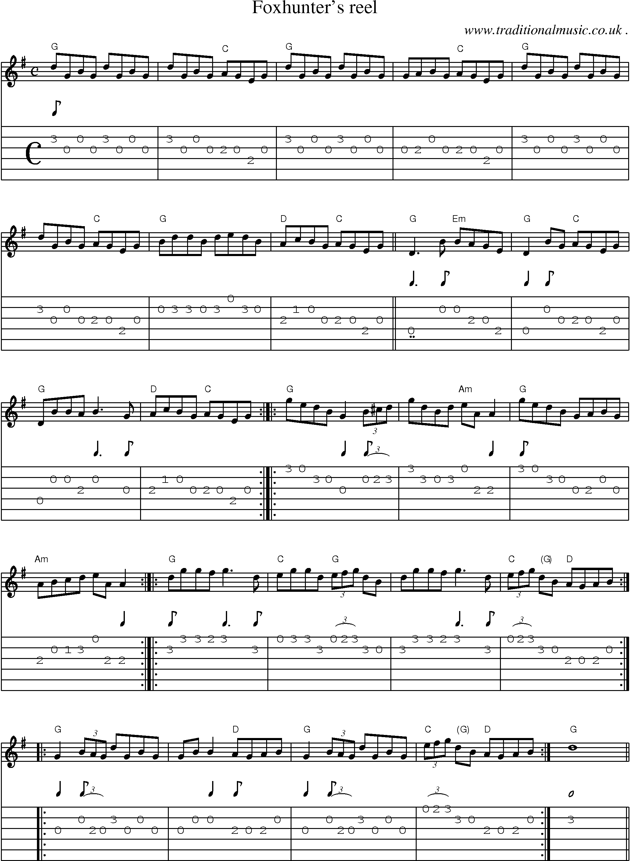 Music Score and Guitar Tabs for Foxhunters Reel