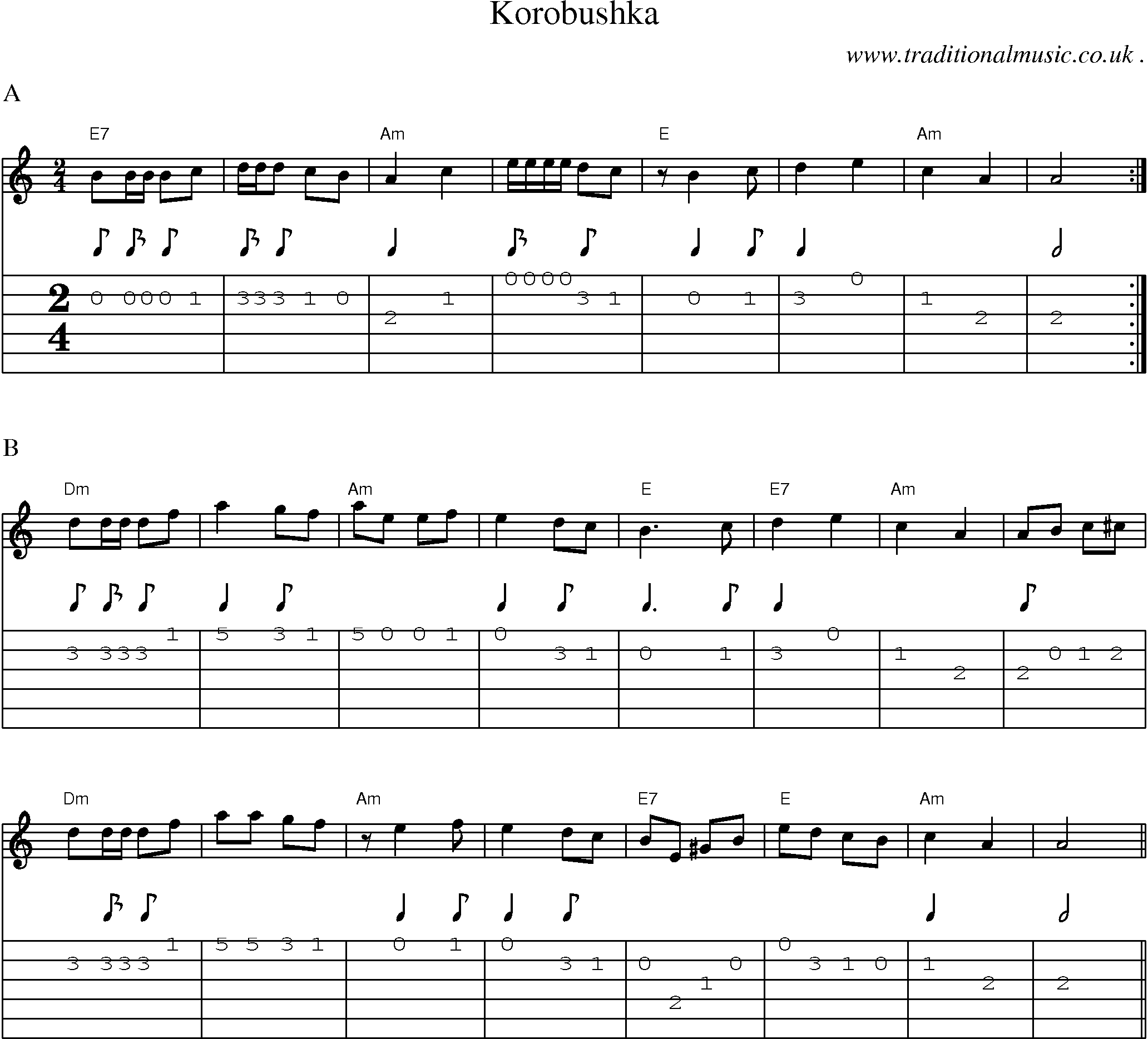 Music Score and Guitar Tabs for Korobushka