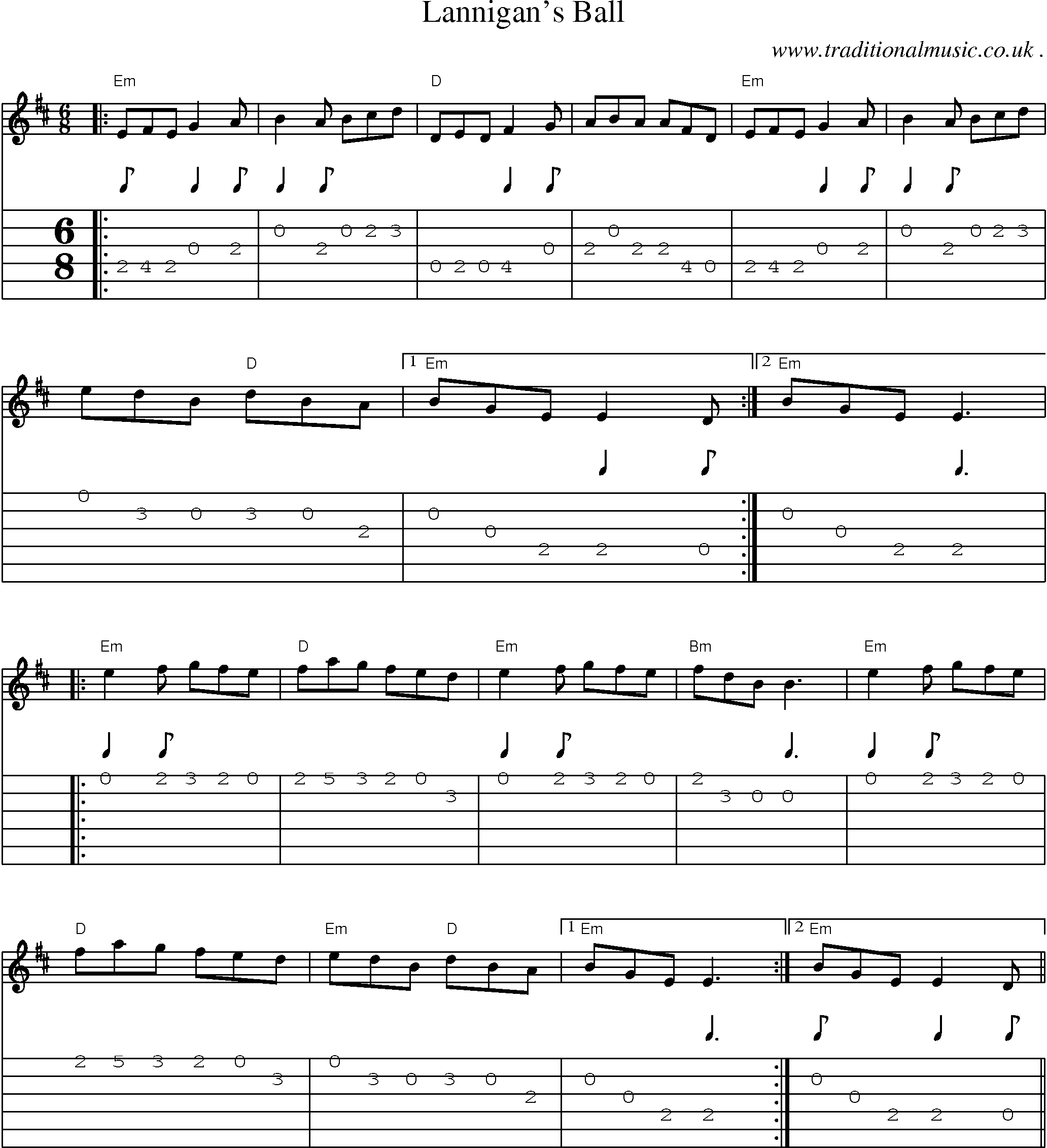 Music Score and Guitar Tabs for Lannigans Ball