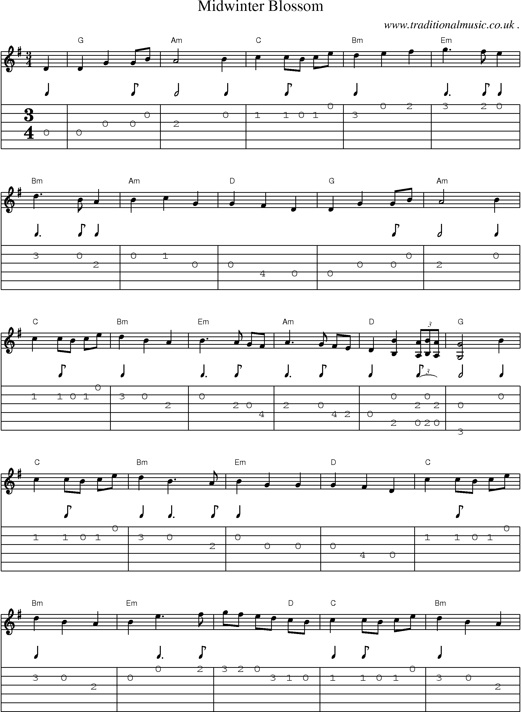 Music Score and Guitar Tabs for Midwinter Blossom