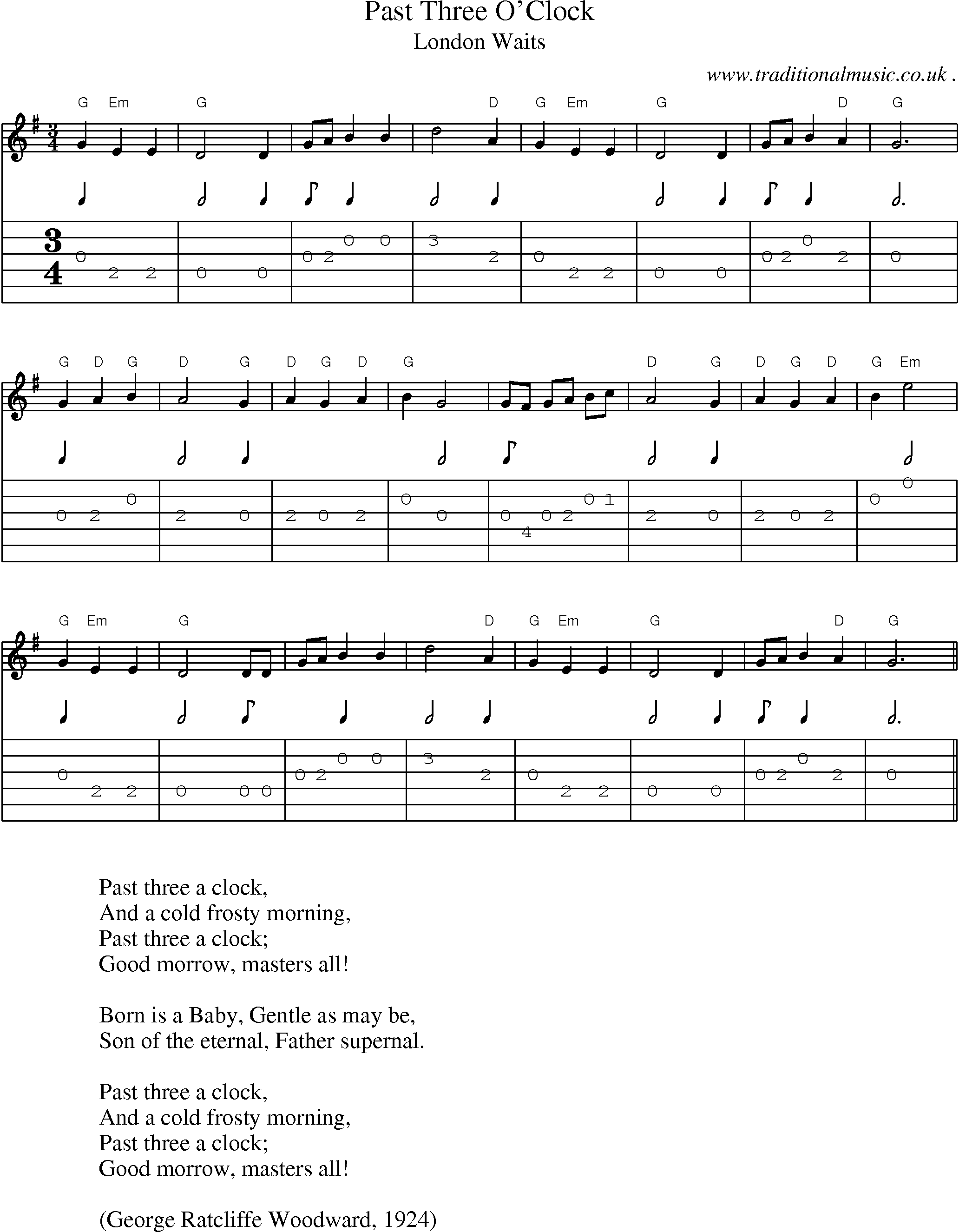 Music Score and Guitar Tabs for Past Three OClock