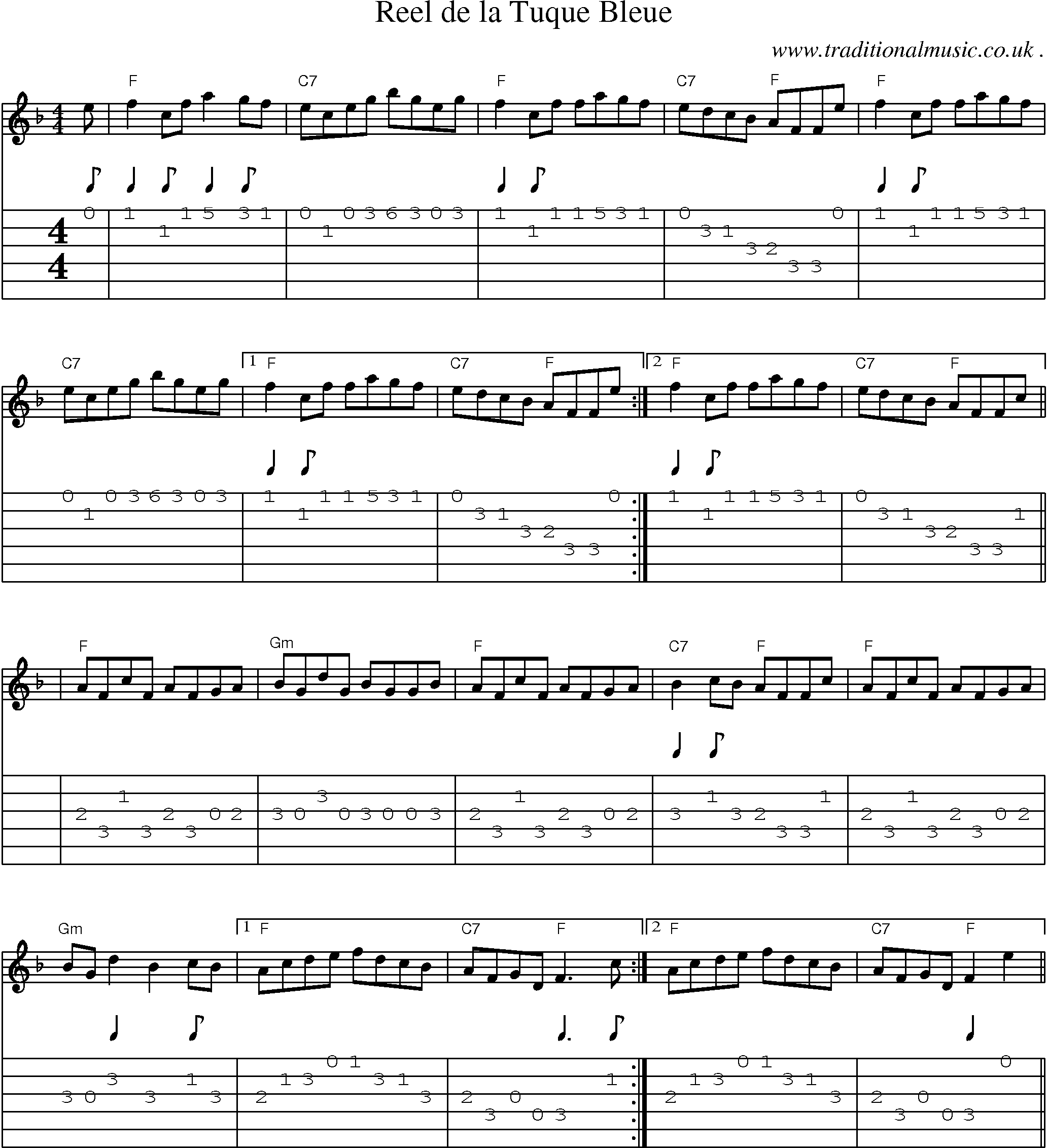 Music Score and Guitar Tabs for Reel De La Tuque Bleue