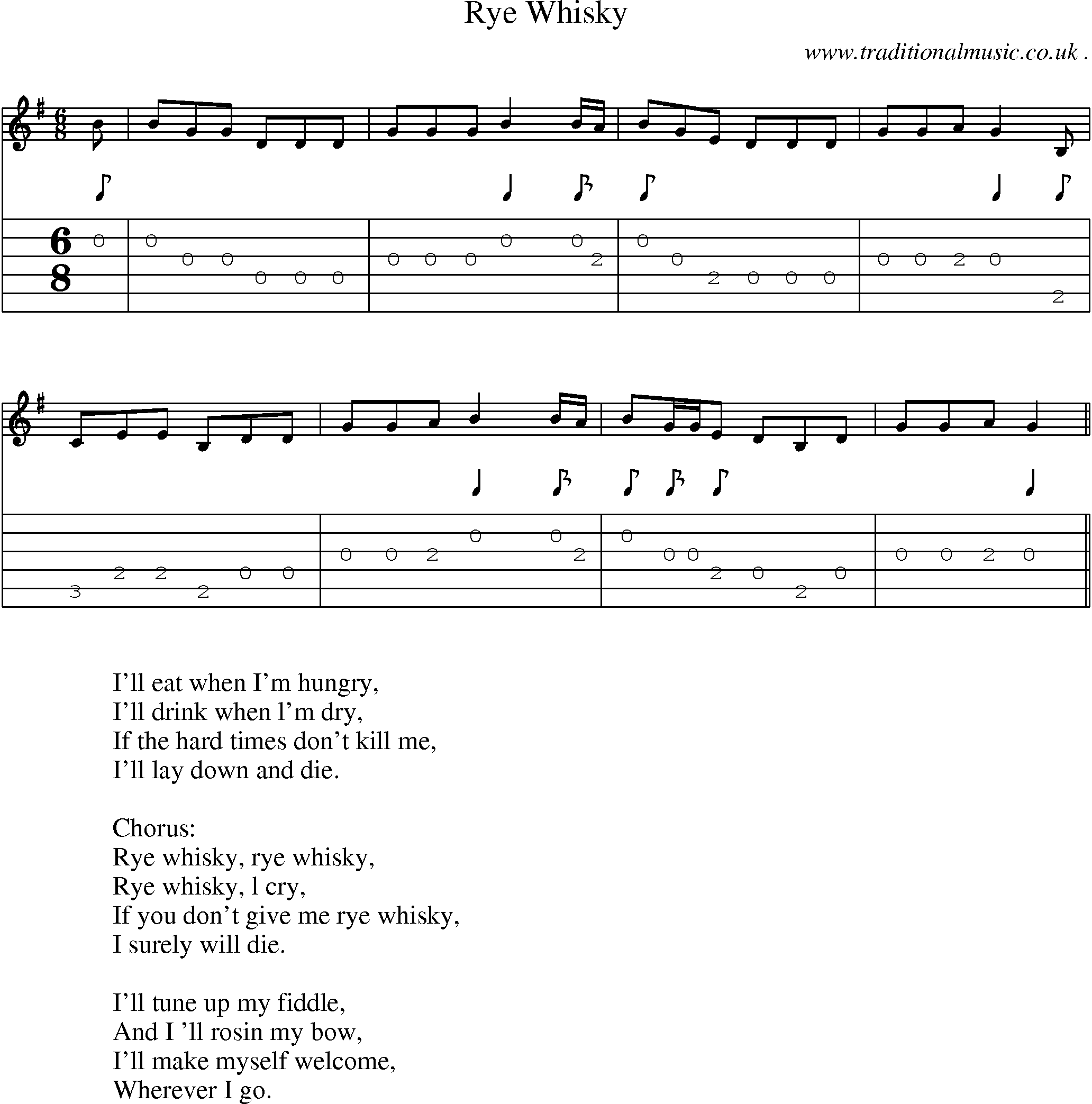 Music Score and Guitar Tabs for Rye Whisky