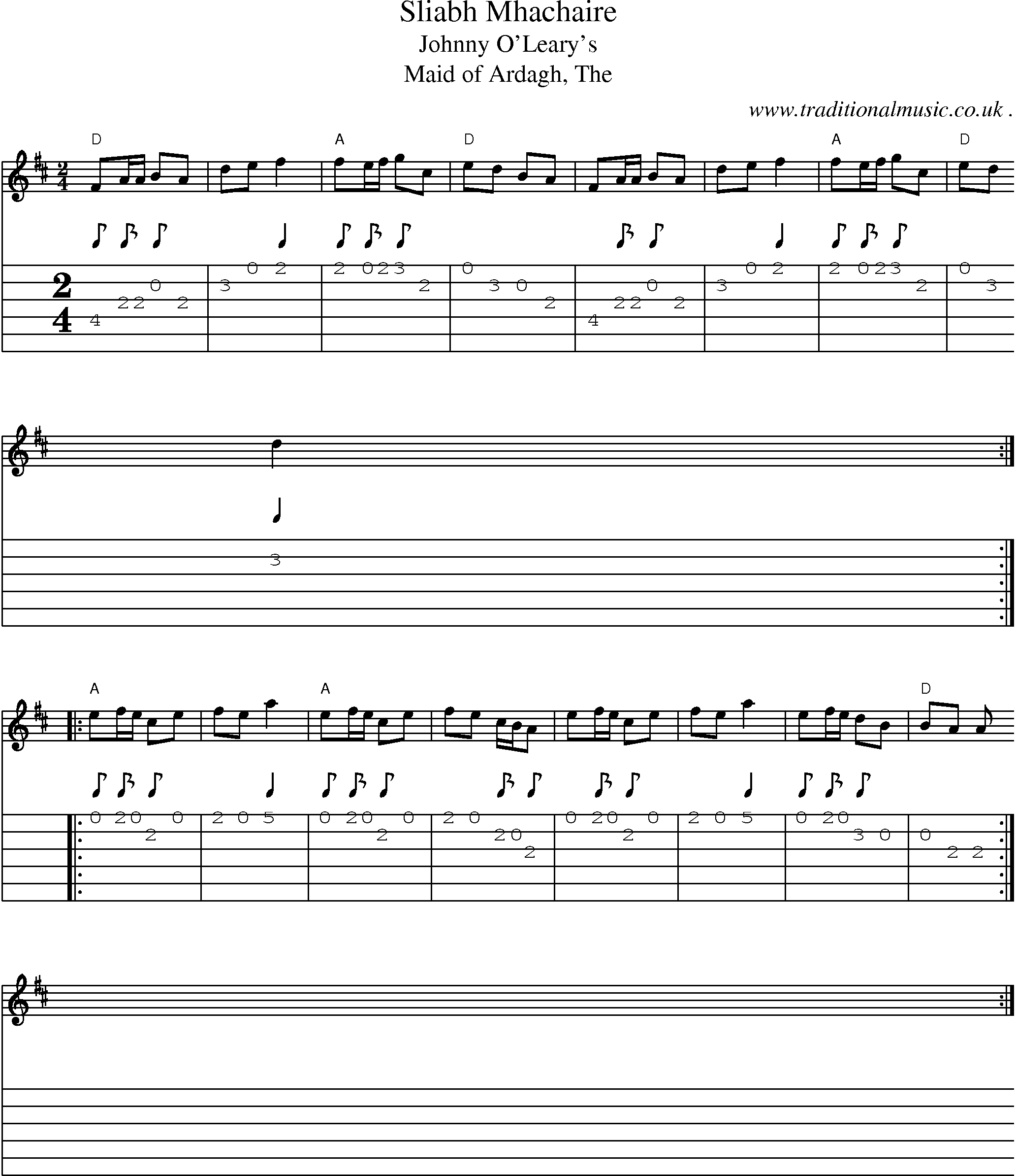 Music Score and Guitar Tabs for Sliabh Mhachaire
