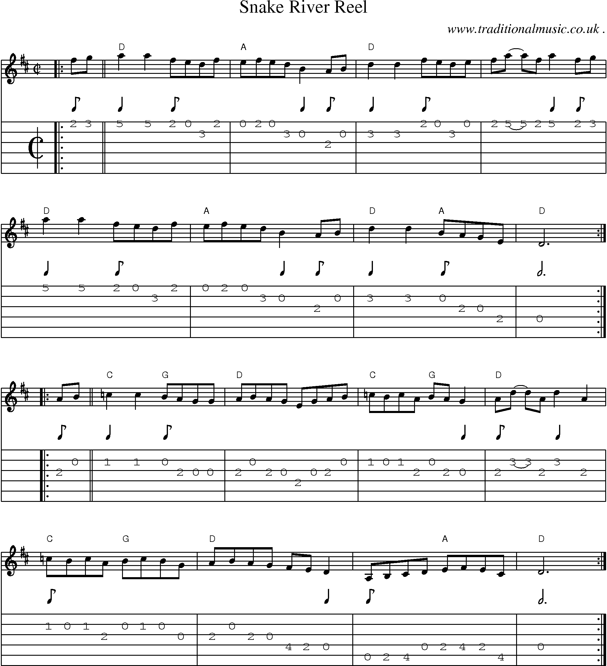 Music Score and Guitar Tabs for Snake River Reel