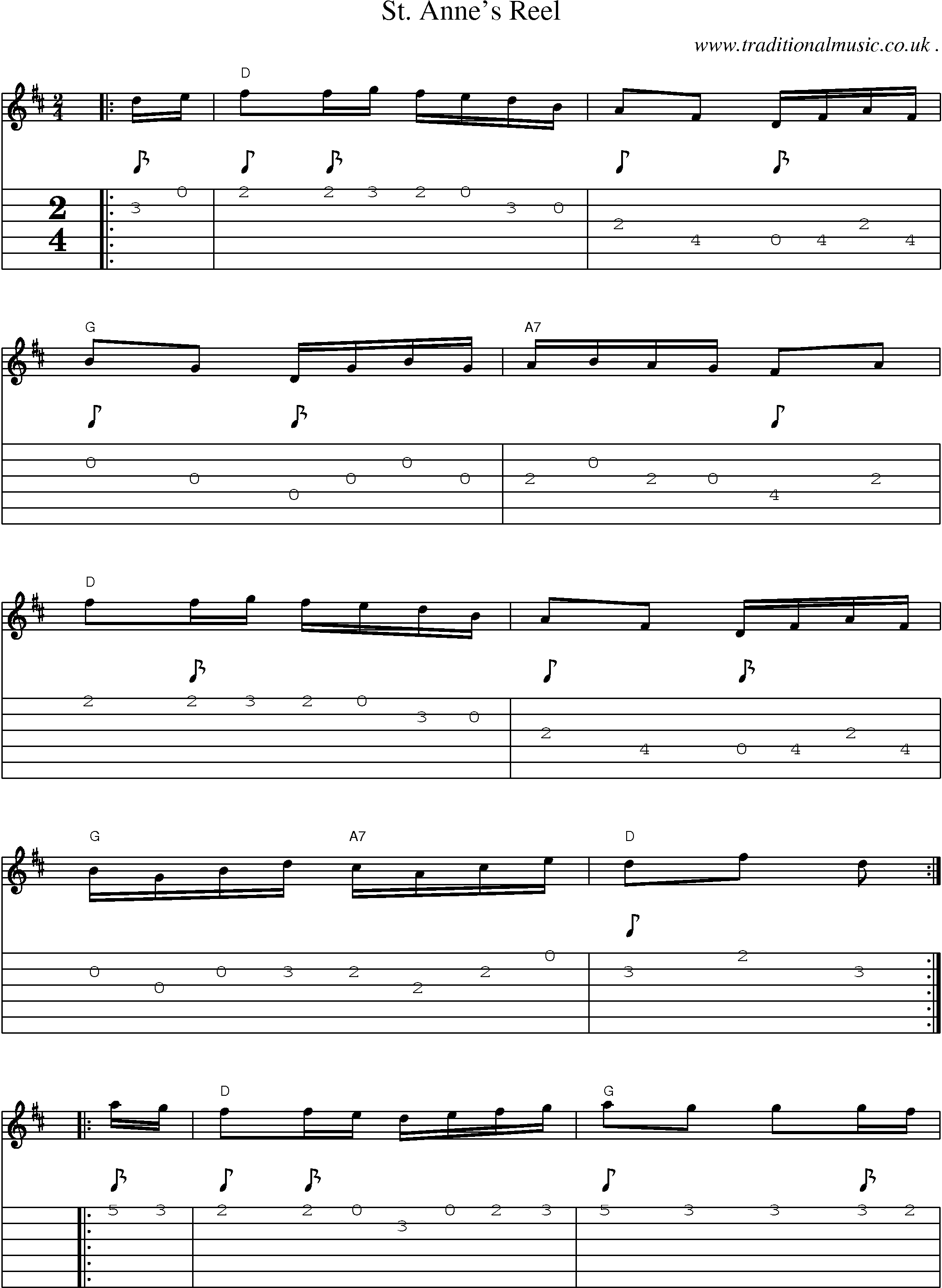 Music Score and Guitar Tabs for St Annes Reel