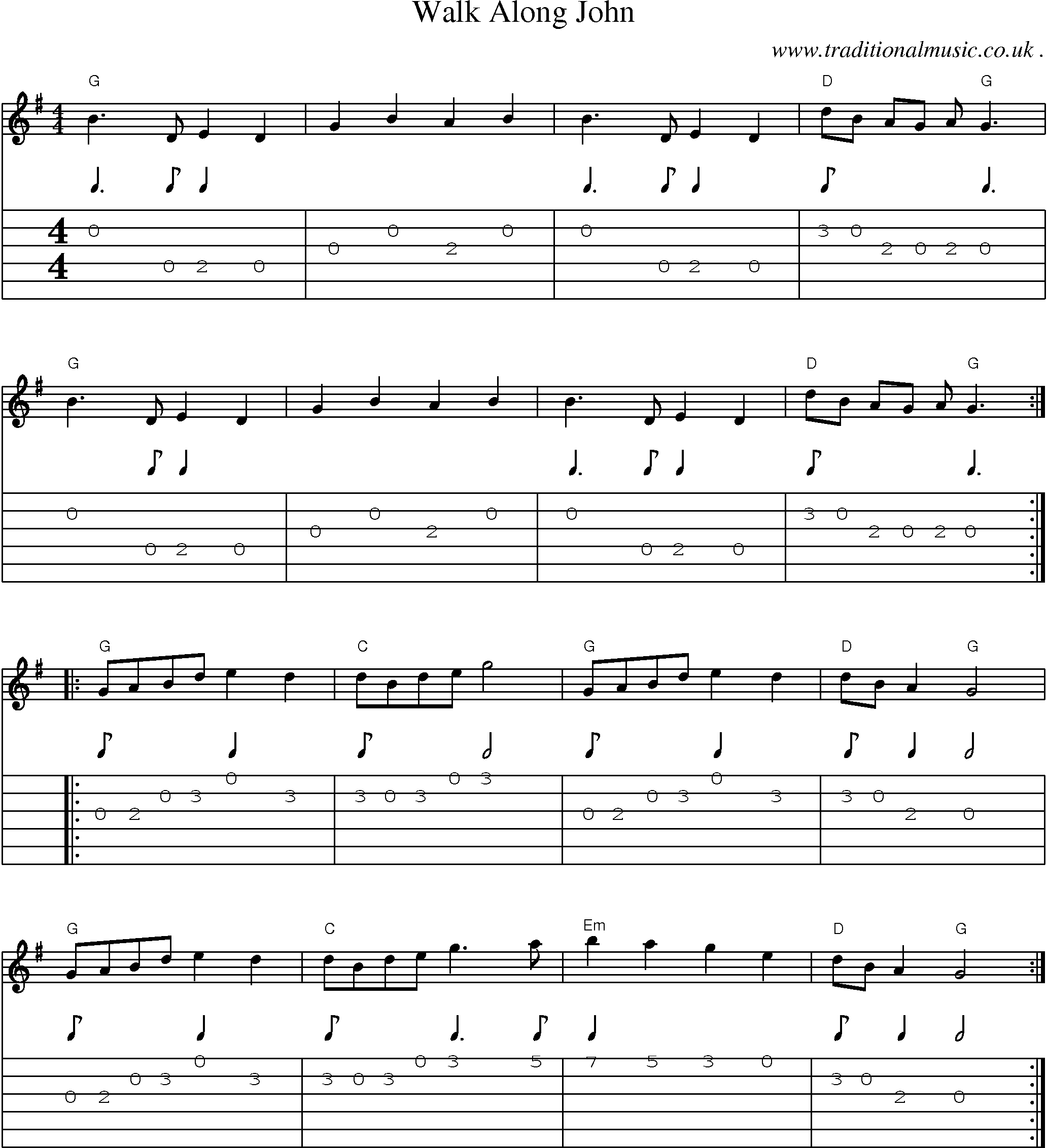 Music Score and Guitar Tabs for Walk Along John