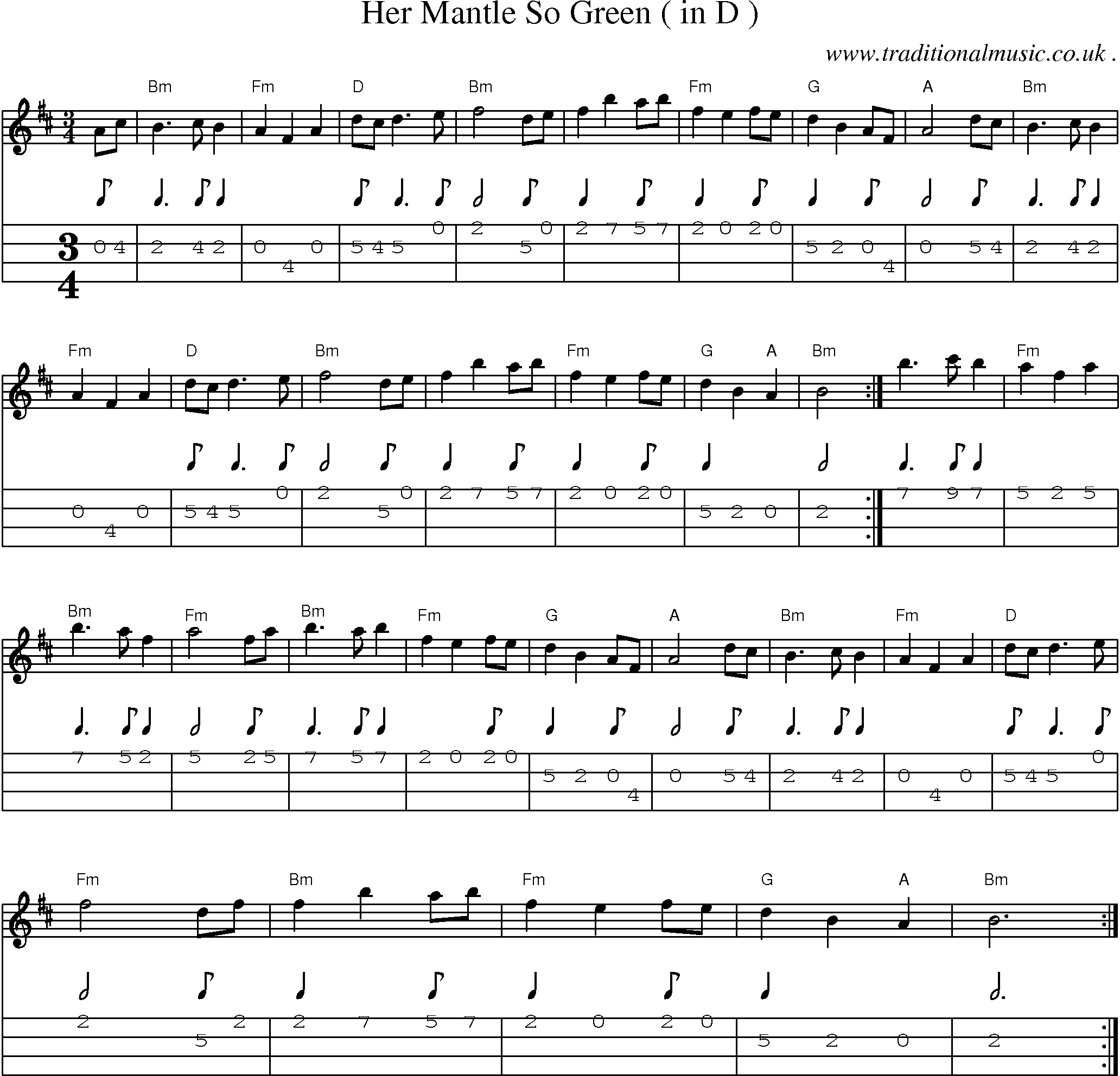 Music Score and Guitar Tabs for Her Mantle So Green(In D)