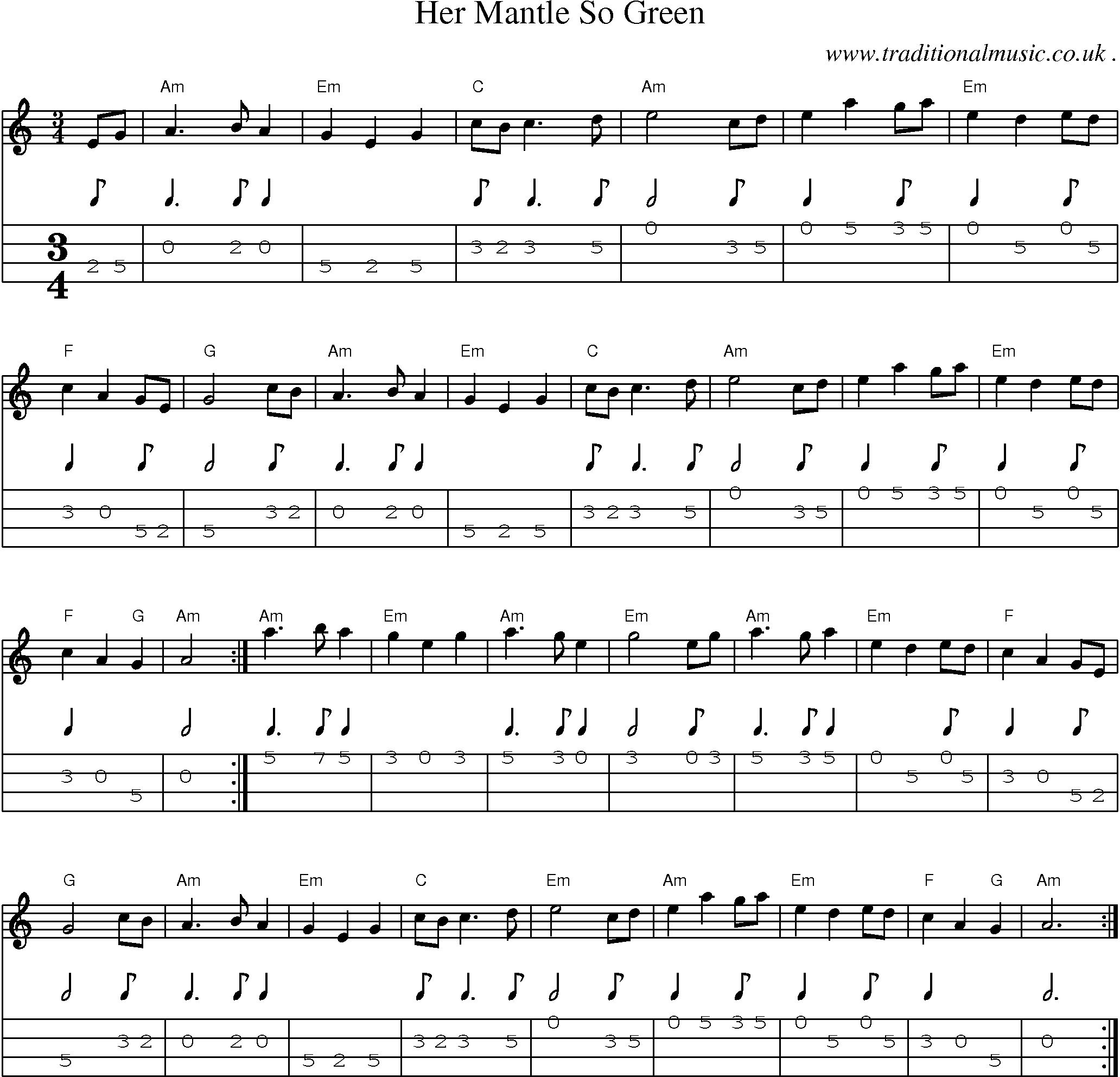 Music Score and Guitar Tabs for Her Mantle So Green