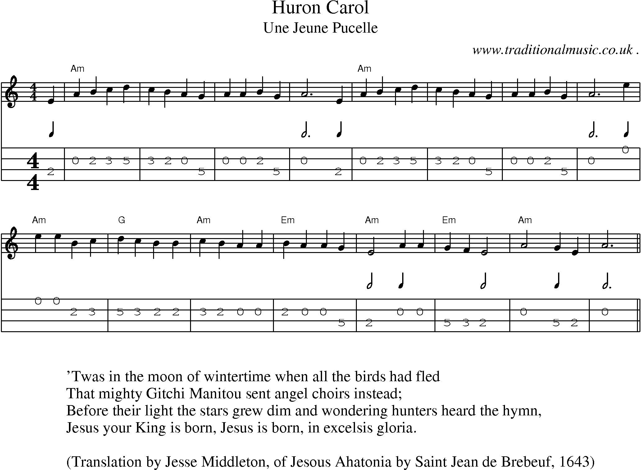 Music Score and Guitar Tabs for Huron Carol