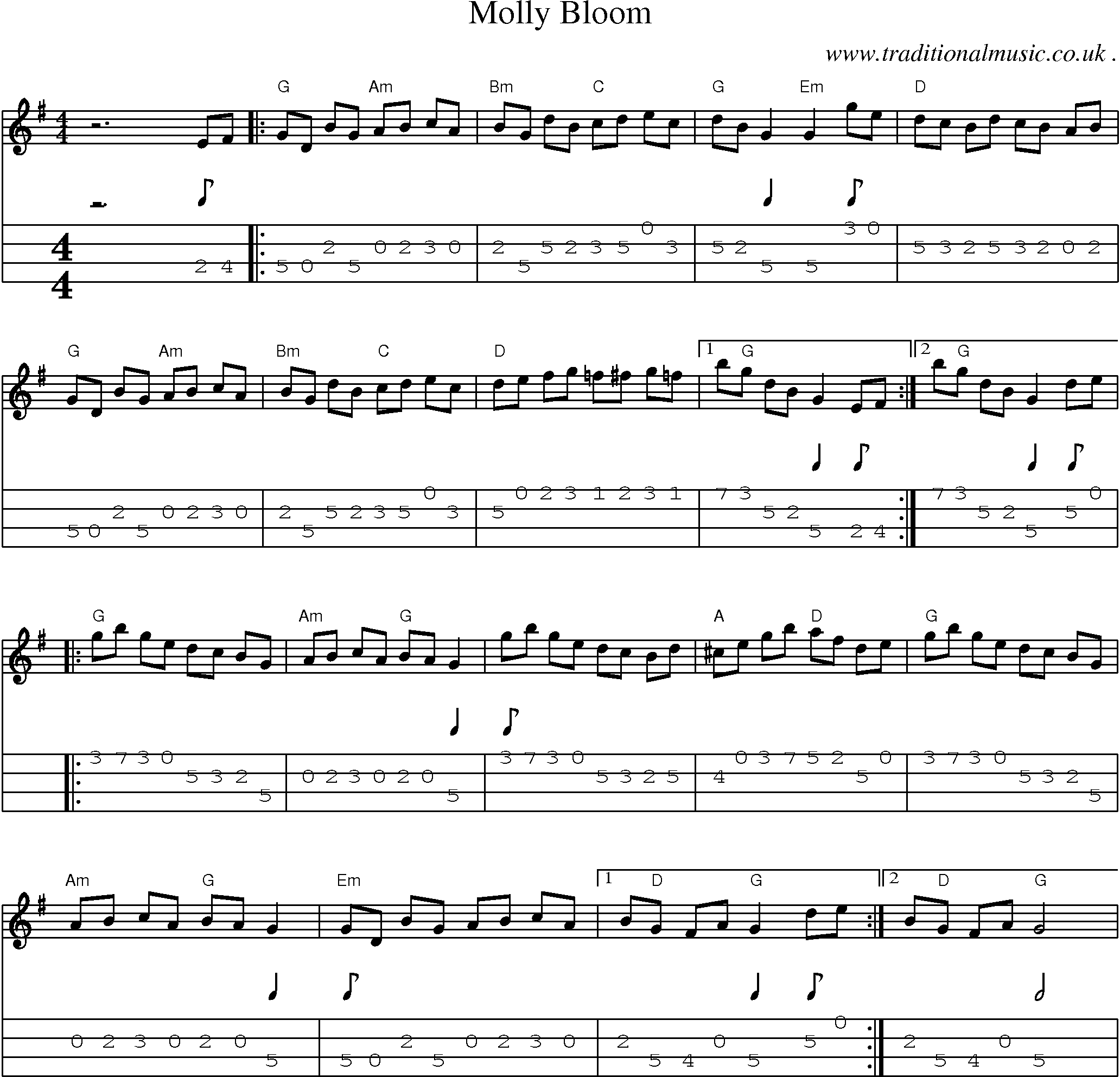 Music Score and Guitar Tabs for Molly Bloom