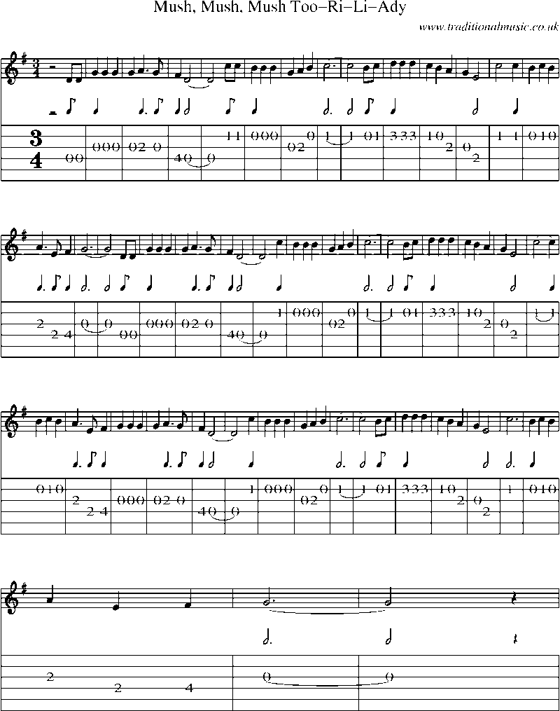 Guitar Tab and Sheet Music for Mush, Mush, Mush Too-ri-li-ady