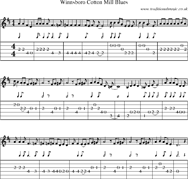 Guitar Tab and Sheet Music for Winnsboro Cotton Mill Blues